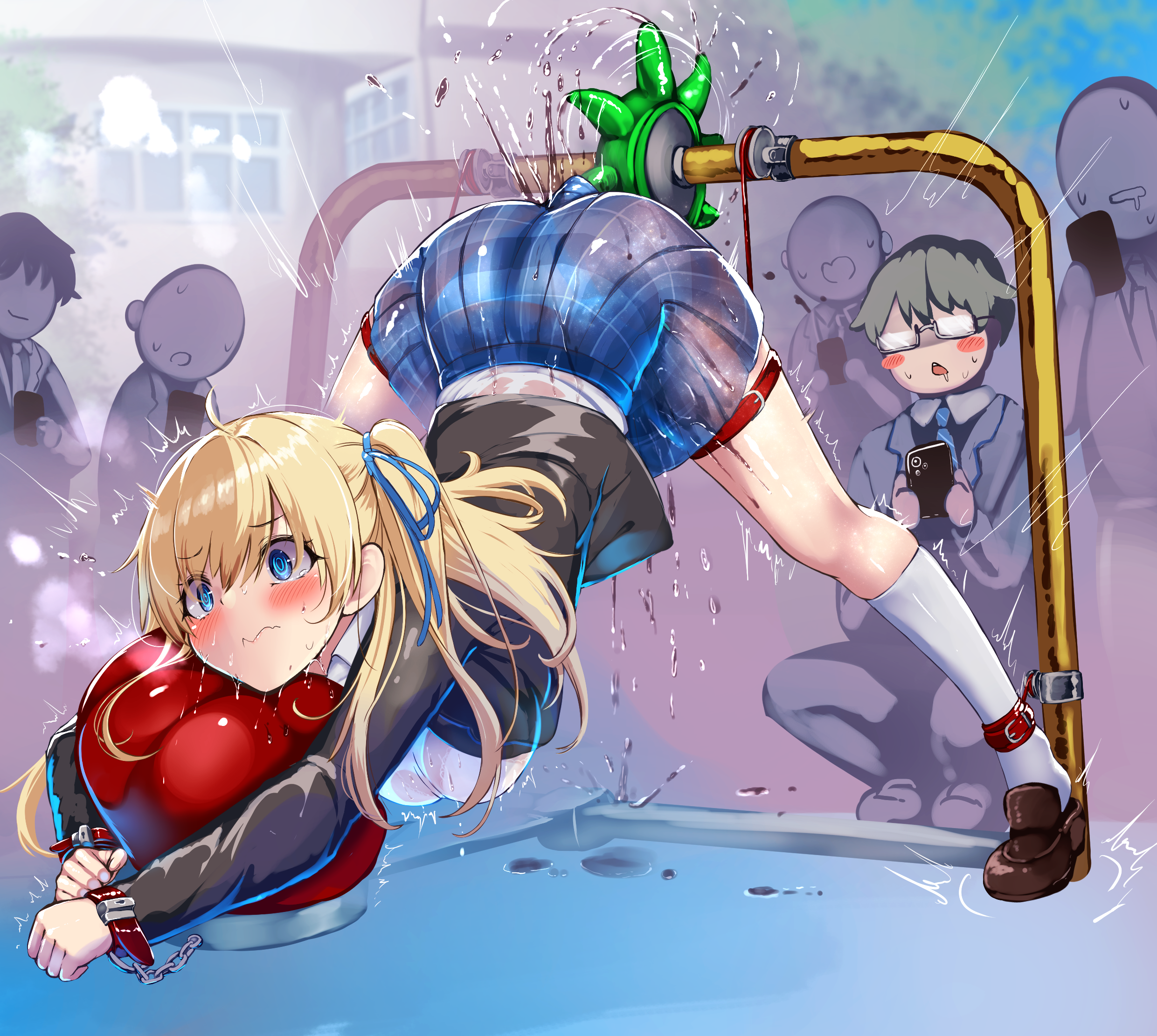 monikano, hiiragi yuuko, chitose-kun wa ramune bin no naka, highres, 1girl, blazer, blonde hair, blue eyes, blush, breasts, female orgasm, jacket, large breasts, long hair, orgasm, outdoors, plaid clothes, plaid skirt, pleated skirt, pussy juice, separated legs, shirt, side ponytail, skindentation, skirt, socks, top-down bottom-up, white shirt, white socks