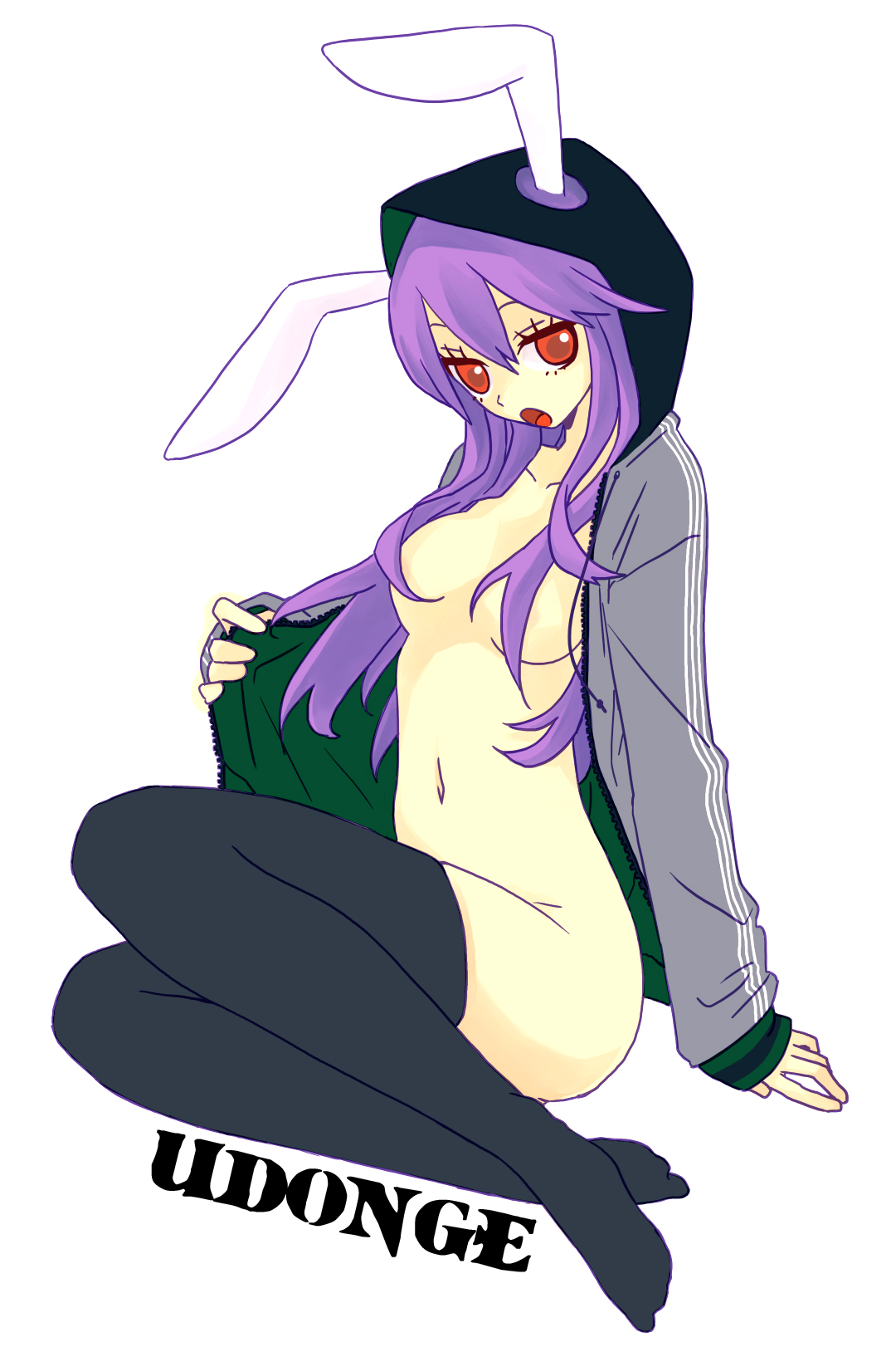 nyamomi, reisen udongein inaba, touhou, highres, 1girl, animal ears, ears through headwear, female focus, hood, hooded jacket, jacket, kneeling, purple hair, rabbit ears, red eyes, sitting, solo, thighhighs