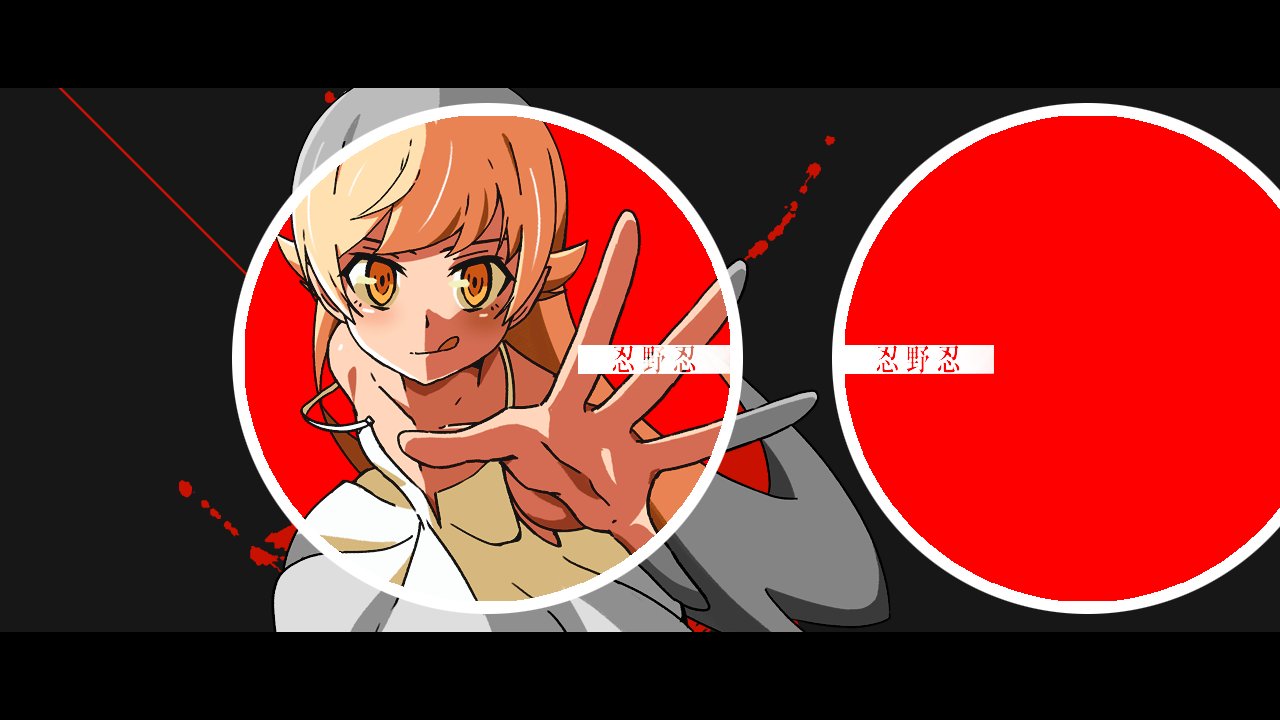 sonikkusupin, oshino shinobu, monogatari (series), arm behind back, black background, black border, blonde hair, border, center opening, circle, collarbone, cowboy shot, dress, flat chest, flipped hair, hair flaps, leaning forward, letterboxed, light blush, long hair, outstretched arm, reaching, reaching towards viewer, ringed eyes, smile, splatter, strap slip, sundress, swept bangs, tongue, tongue out, very long hair, white dress, yellow eyes
