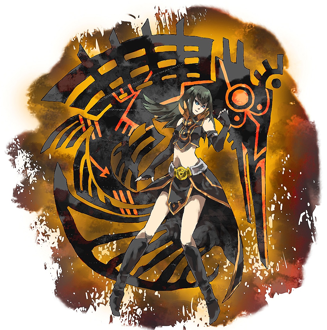 hashiko (pecopom), carly nagisa, earthbound immortal aslla piscu, yu-gi-oh!, yu-gi-oh! 5d's, bad id, bad pixiv id, 00s, 1girl, belt, black sclera, boots, colored sclera, dark signer, duel monster, elbow gloves, gloves, green hair, legs, midriff