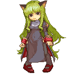 oyama yoihaya, priest (ragnarok online), ragnarok online, commentary request, lowres, 1girl, animal ears, black dress, black eyes, black thighhighs, cat ears, cat girl, closed mouth, dress, full body, green hair, juliet sleeves, long hair, long sleeves, looking at viewer, mary janes, pixel art, puffy sleeves, red shoes, shoes, simple background, solo, standing, thighhighs, transparent background, very long hair