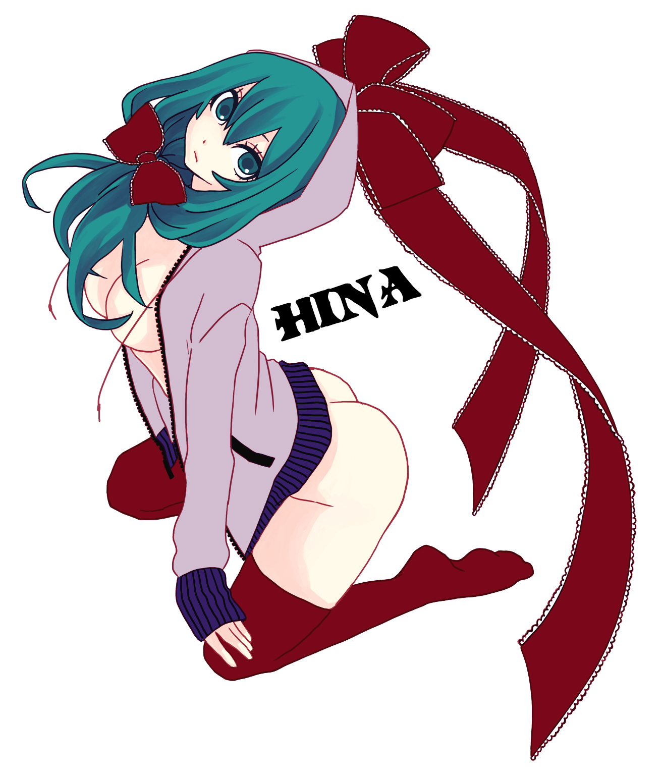 nyamomi, kagiyama hina, touhou, highres, 1girl, ass, bottomless, breasts, character name, coat, female focus, front ponytail, green eyes, green hair, hood, hooded jacket, jacket, kneeling, matching hair/eyes, naked coat, no bra, no panties, red thighhighs, ribbon, solo, thighhighs