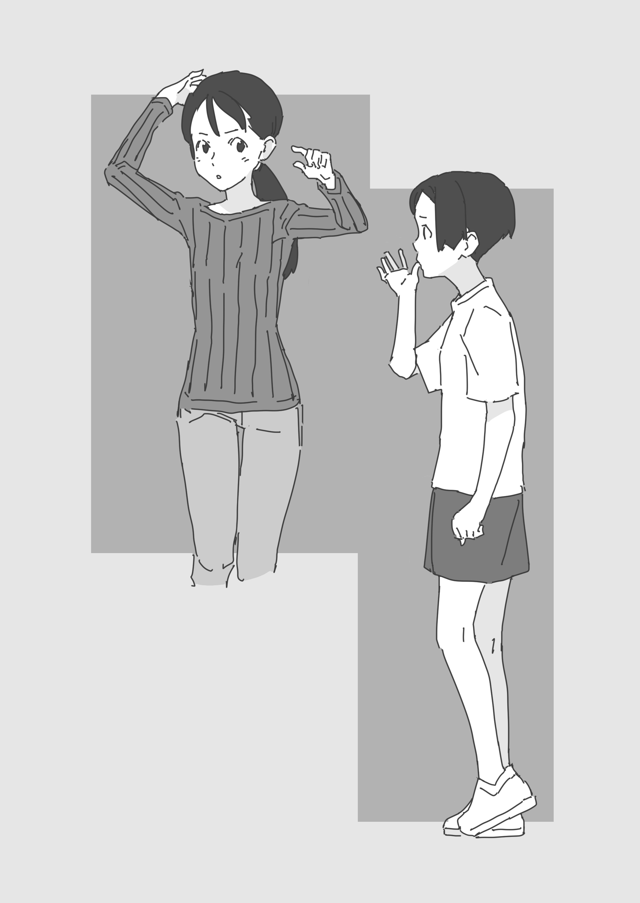takamichi, original, absurdres, highres, 2girls, greyscale, long hair, long sleeves, monochrome, multiple girls, pants, ponytail, ribbed shirt, shirt, shoes, short hair, short shorts, shorts, t-shirt, thumb sucking