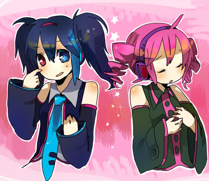 kasane teto, kasane teto (utau), yokune ruko, utau, vocaloid, bad id, bad pixiv id, 2girls, ahoge, black hair, blue hair, blue necktie, curly hair, detached sleeves, drill hair, headphones, heterochromia, multiple girls, necktie, pink hair, twin drills, twintails