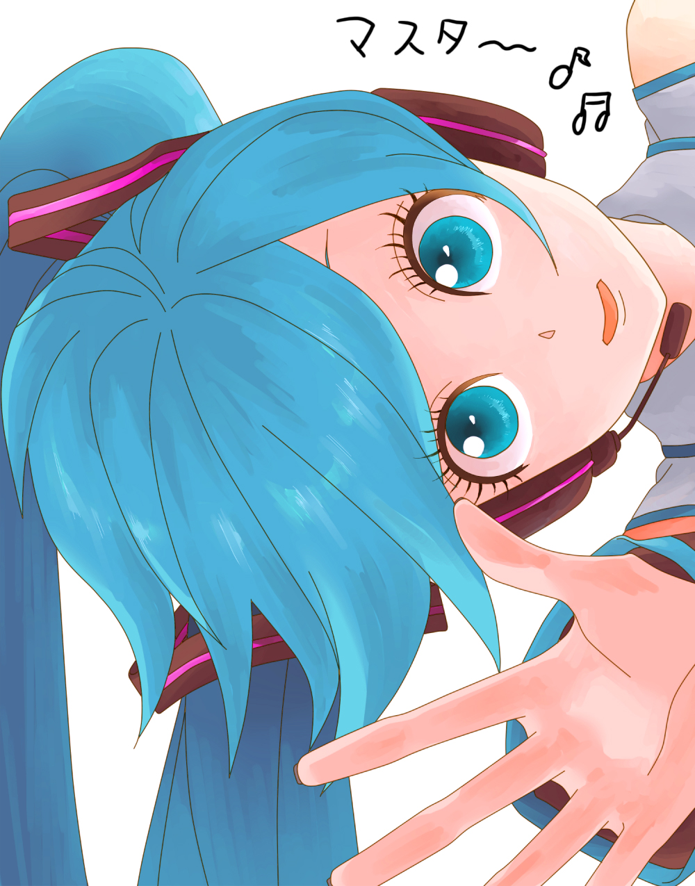 nyamomi, hatsune miku, vocaloid, highres, aqua hair, blue eyes, blue hair, solo, waving