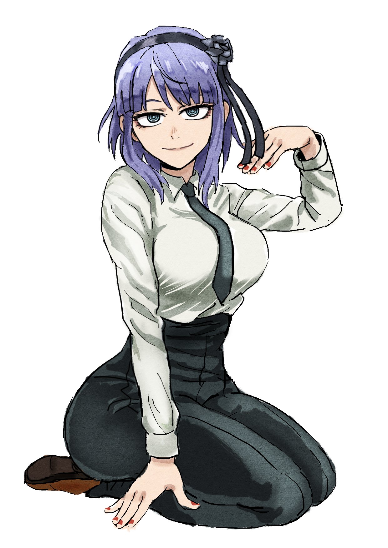 reiquant, shidare hotaru, dagashi kashi, highres, ass, black necktie, blue eyes, breasts, collared shirt, formal clothes, full body, large breasts, looking at viewer, nail polish, necktie, pants, purple hair, ringed eyes, shirt, shirt tucked in, solo, suit, thighs, white background, white shirt