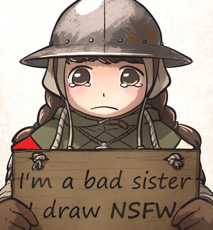 ironlily, twin braids sister (ironlily), original, commentary, english commentary, 1girl, braid, brown eyes, brown gloves, brown hair, english text, frown, gloves, holding, holding sign, low twin braids, pet shaming, sign, sign around neck, solo, tearing up, tears, twin braids, upper body