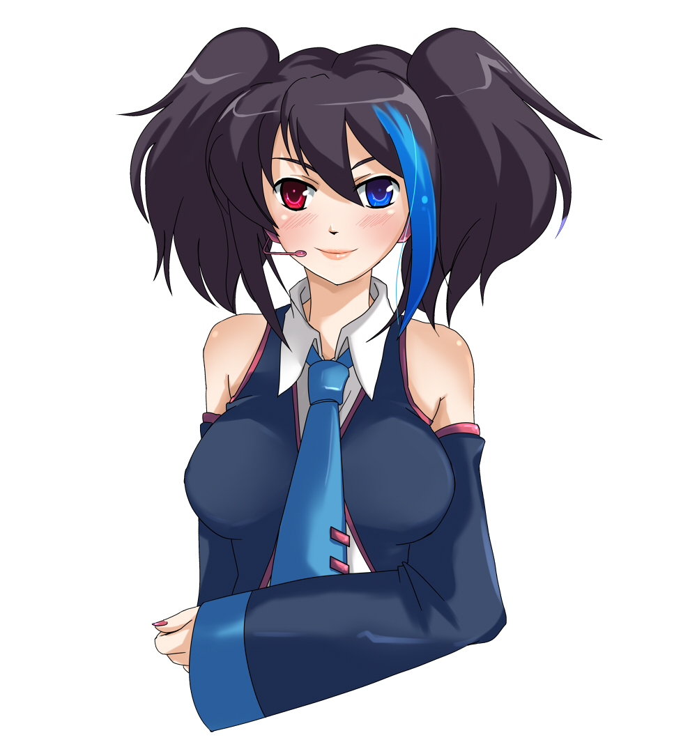 yokune ruko, utau, vocaloid, 1girl, black hair, blue hair, blue necktie, blush, detached sleeves, female focus, headphones, heterochromia, lipstick, makeup, necktie, smile, solo, twintails