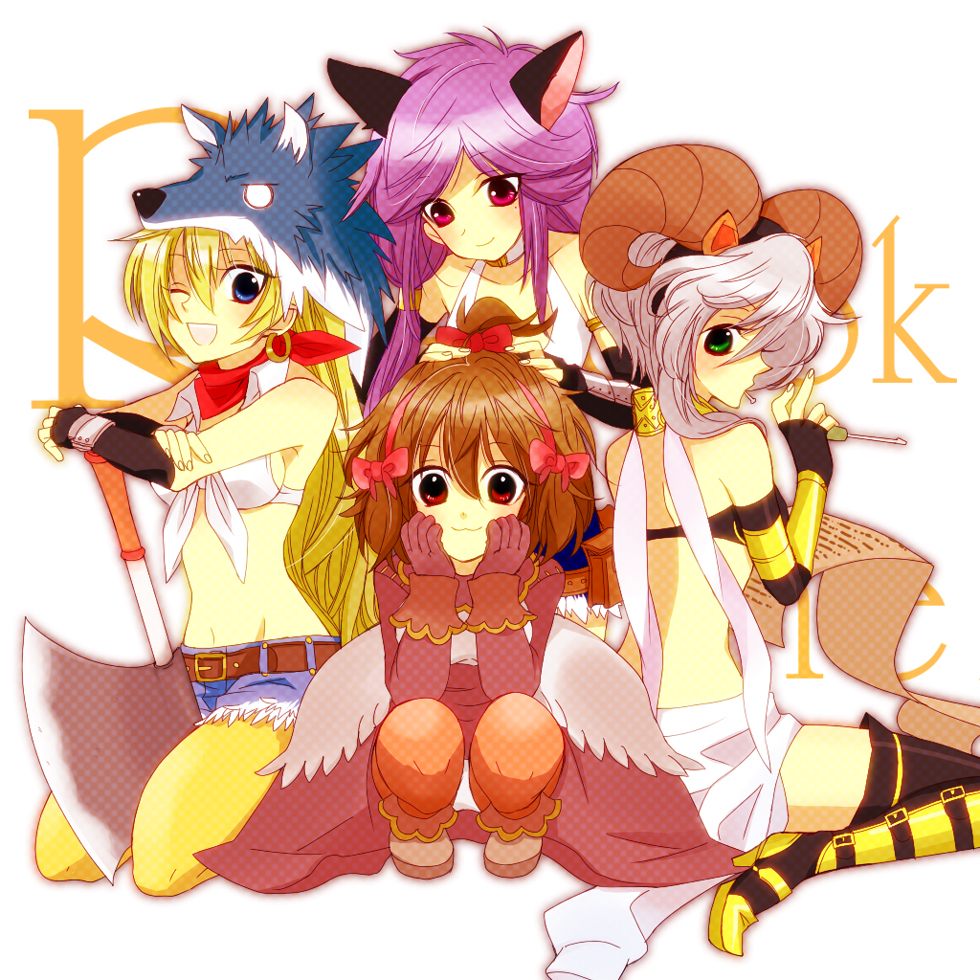 aiue-o, blacksmith (ragnarok online), mechanic (ragnarok online), merchant (ragnarok online), whitesmith (ragnarok online), ragnarok online, commentary request, 4girls, animal ears, axe, bandana, belt, bikini, bikini top only, black bikini, black gloves, blonde hair, blue eyes, blue shorts, bow, breasts, brown belt, brown gloves, brown hair, brown horns, brown pantyhose, brown skirt, closed mouth, copyright name, crop top, curled horns, elbow gloves, fake horns, fingerless gloves, full body, gloves, green eyes, grey hair, hair bow, hands on own cheeks, hands on own face, holding, holding axe, holding screwdriver, horns, long hair, medium breasts, multiple girls, multiple hair bows, one eye closed, open mouth, pantyhose, purple hair, red bandana, red eyes, screwdriver, shirt, short hair, short shorts, shorts, simple background, sitting, skirt, sleeveless, sleeveless shirt, smile, squatting, swimsuit, tied shirt, white background, white bikini, white shirt, wolf hat