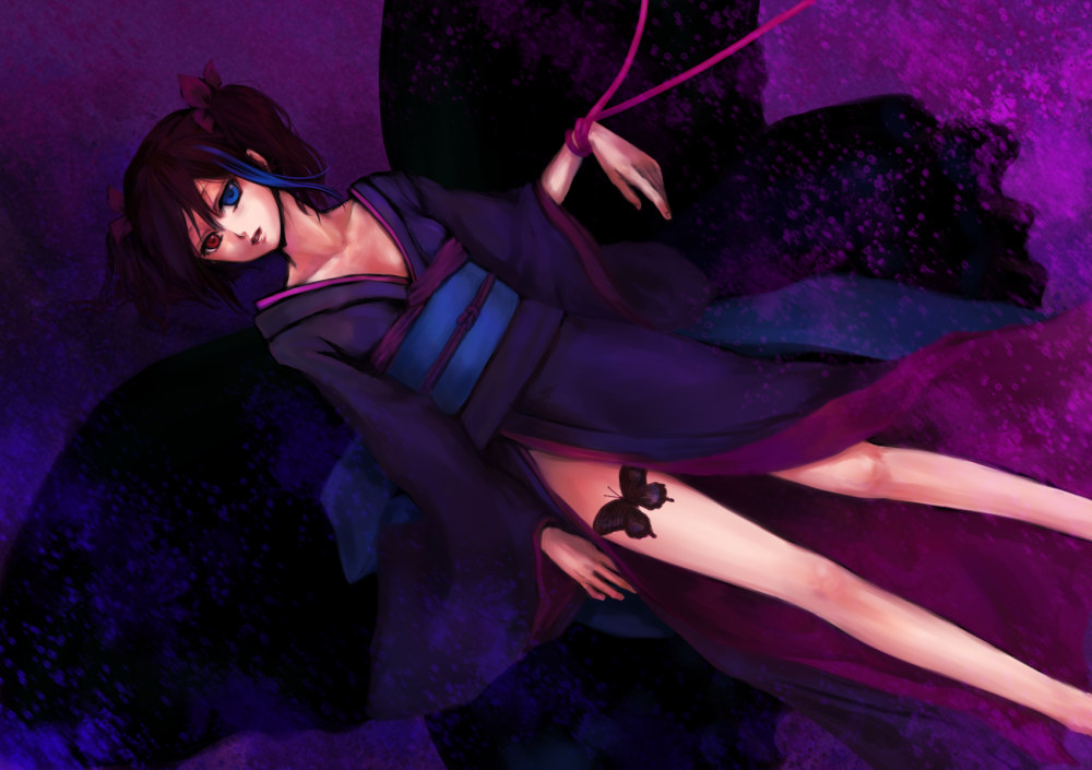 yokune ruko, utau, vocaloid, black hair, blue hair, bug, butterfly, butterfly wings, heterochromia, insect, insect wings, japanese clothes, kimono, solo, twintails, wings
