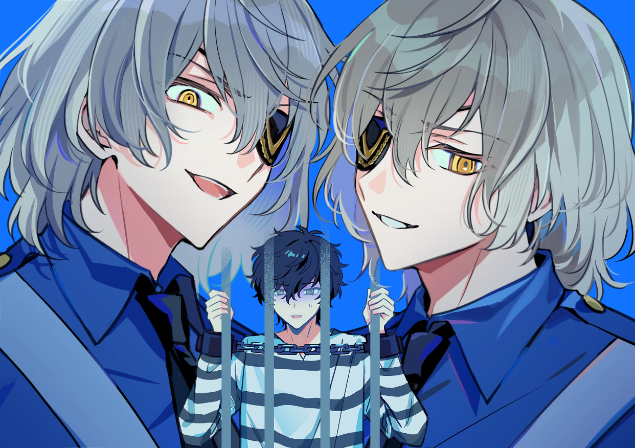 akechi gorou, amamiya ren, caroline (persona 5), justine (persona 5), persona, persona 5, 3boys, 4k10r1, black eyes, black hair, black necktie, blue background, blue shirt, caroline (persona 5) (cosplay), cosplay, cuffs, dual persona, eyepatch, grey hair, hair between eyes, iron bars, justine (persona 5) (cosplay), long sleeves, looking at viewer, male focus, medium hair, multiple boys, necktie, open mouth, partially shaded face, portrait, shackles, shirt, simple background, smile, striped clothes, striped shirt, sweatdrop, two-tone shirt, white shirt, yellow eyes