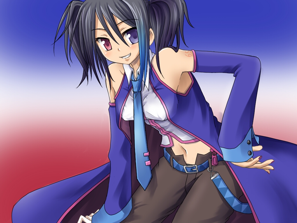 yokune ruko, utau, vocaloid, bad id, bad pixiv id, 1girl, black hair, blue hair, blue necktie, detached sleeves, female focus, heterochromia, midriff, necktie, smile, solo, twintails