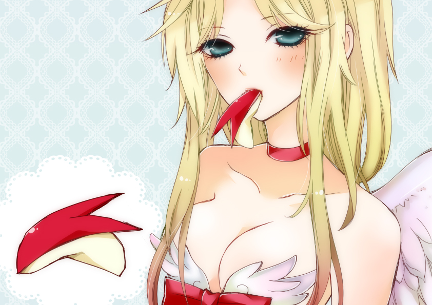 aiue-o, wanderer (ragnarok online), ragnarok online, commentary request, 1girl, apple rabbit, bikini, blonde hair, blue background, blue eyes, blush, breasts, cleavage, feather trim, feathered wings, food, food art, food in mouth, long hair, looking at viewer, medium breasts, mouth hold, sidelocks, solo, swimsuit, upper body, white bikini, white wings, wings