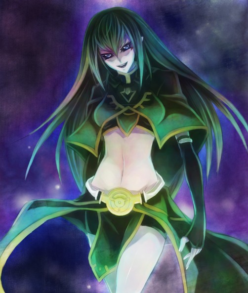 wakkoro, carly nagisa, yu-gi-oh!, yu-gi-oh! 5d's, 00s, 1girl, belt, black sclera, colored sclera, corruption, dark persona, elbow gloves, female focus, gloves, green hair, legs, long hair, midriff, solo
