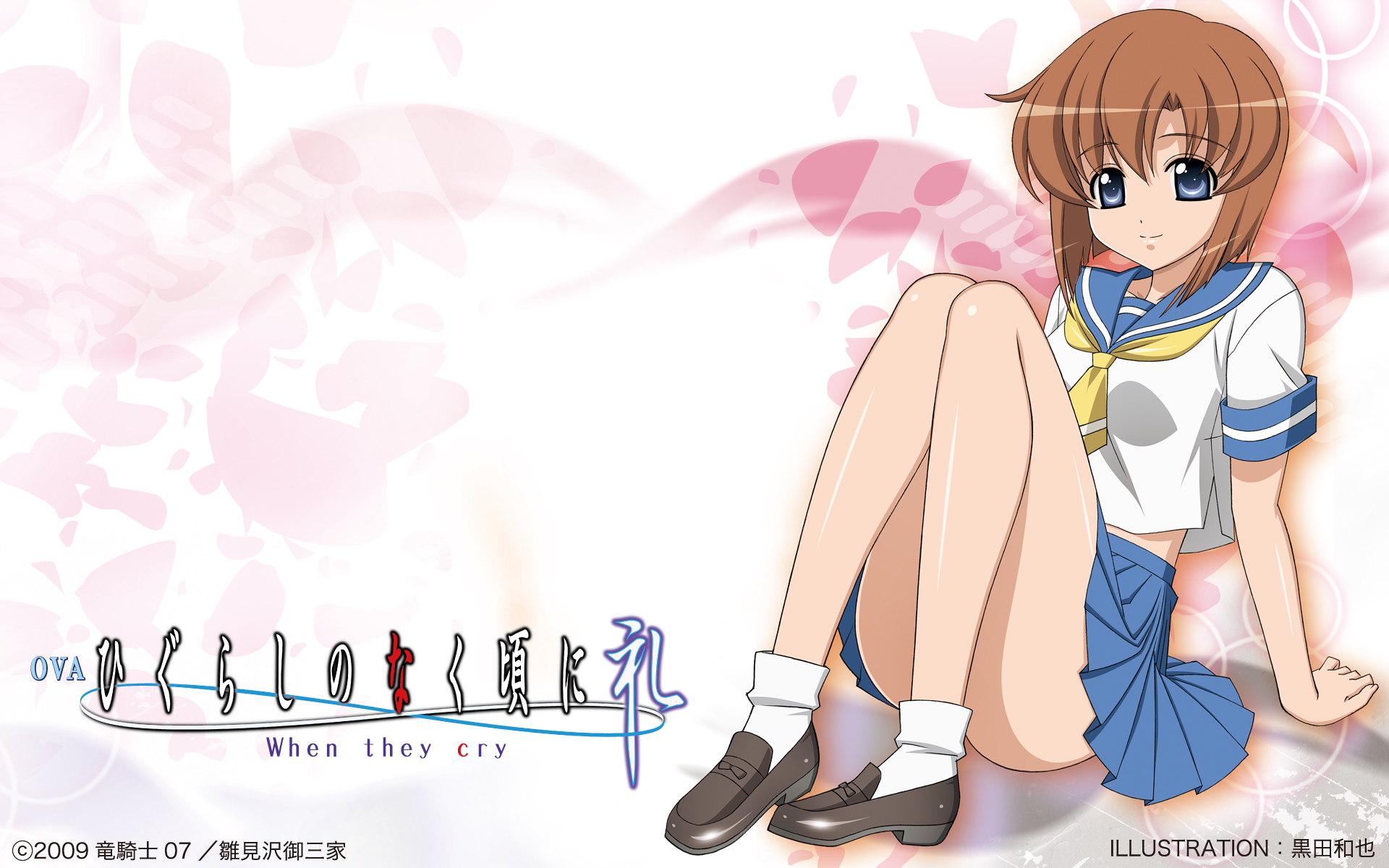 kuroda kazuya, ryuuguu rena, higurashi no naku koro ni, highres, 00s, blue eyes, brown hair, midriff, school uniform, serafuku, short hair, sitting, smile, solo