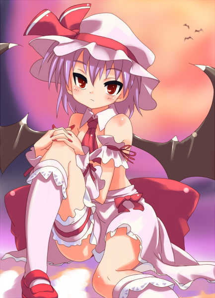sora to umi, remilia scarlet, touhou, 1girl, bat wings, blue hair, cover, cover page, female focus, frilled thigh strap, gradient background, hat, outdoors, red eyes, ribbon, short hair, sitting, sky, solo, thigh strap, topless female, wings