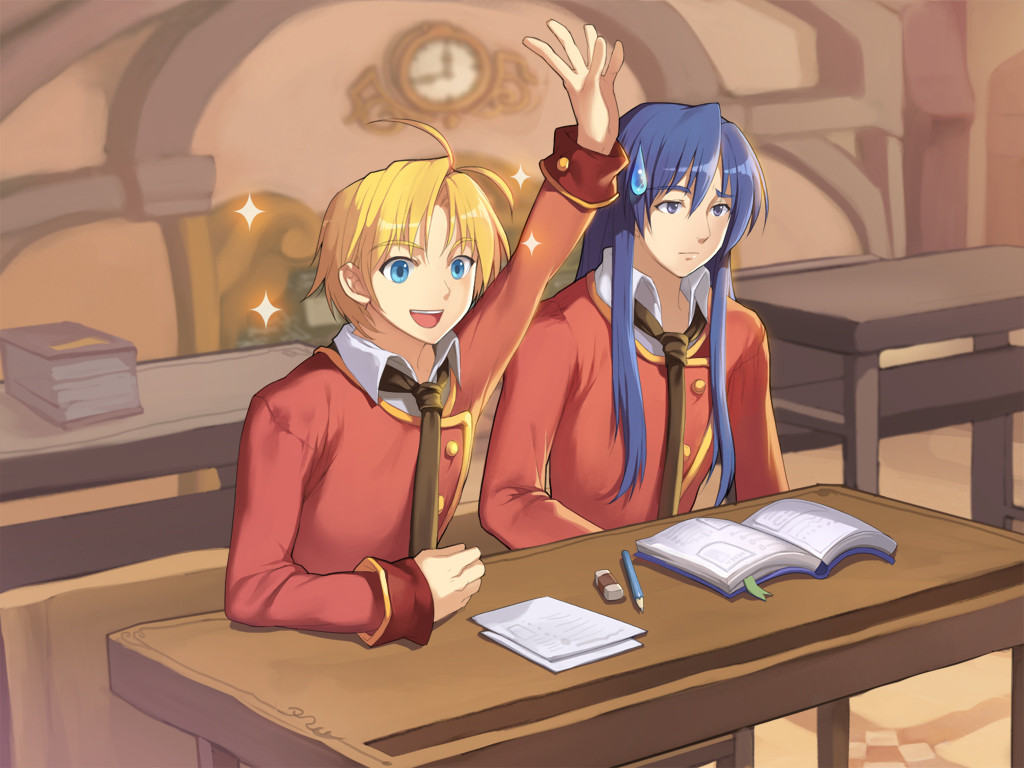 caesty, boris jinneman, lucian kaltz, nexon, tales weaver, commentary, english commentary, official art, arm up, bench, black necktie, blue eyes, blurry, blurry background, book, bookmark, buttons, chalkboard, classroom, clock, closed mouth, collared shirt, dated commentary, eraser, gold buttons, grey eyes, hair between eyes, hand up, jacket, long sidelocks, necktie, nenyaffle, nenyaffle school uniform, open book, open hand, paper, pencil, red jacket, red sleeves, school, school uniform, shirt, sidelocks, single hair intake, sleeve cuffs, sparkle, sweatdrop, table, white shirt, wing collar