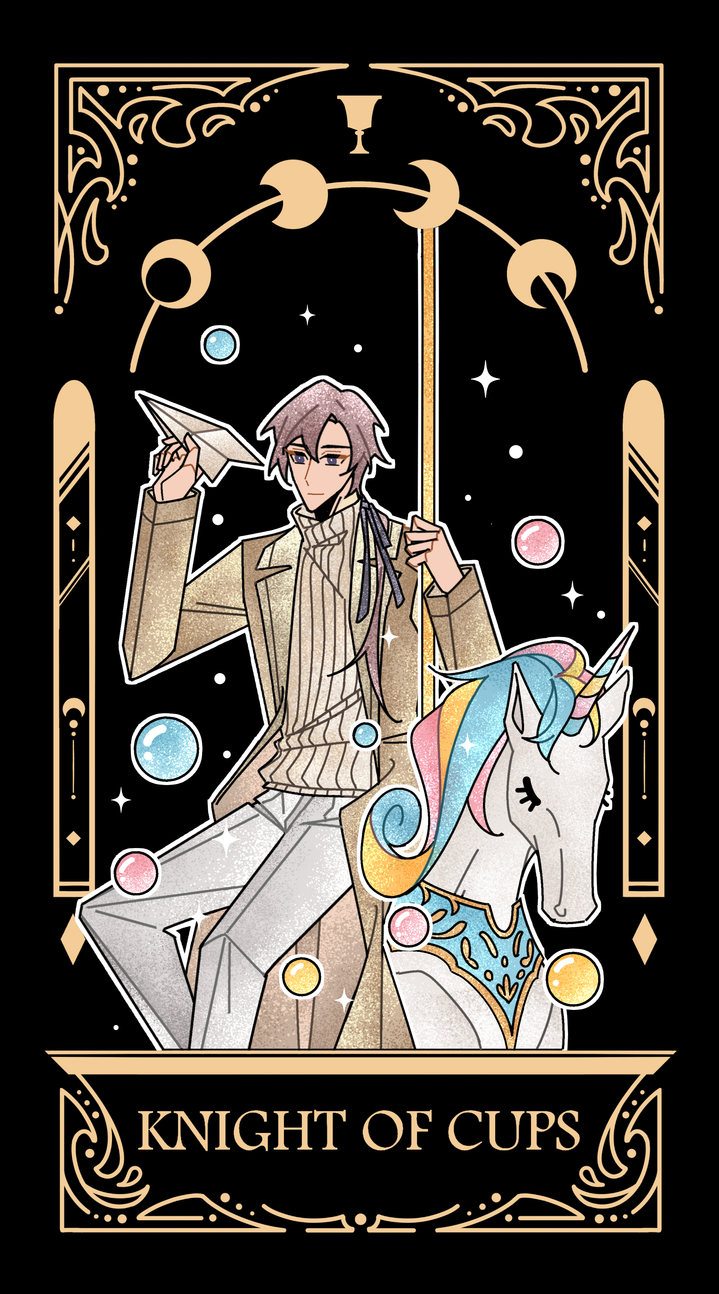lovebrush chronicles, absurdres, highres, 1boy, black background, brown coat, brown hair, bubble, card (medium), carousel, closed mouth, coat, english text, feet out of frame, hair between eyes, hair over shoulder, hair ribbon, hand up, holding, holding paper airplane, holding pole, knight of cups, lapels, long hair, long sleeves, looking ahead, low ponytail, male focus, moon phases, notched lapels, o'connor (lovebrush chronicles), open clothes, open coat, outline, pants, paper airplane, pole, ponytail, purple eyes, purple ribbon, ribbon, roman numeral, sidesaddle, simple background, sitting, smile, solo, sweater, tarot, tarot (medium), unicorn, white outline, white pants, ya ji zhou, yellow sweater