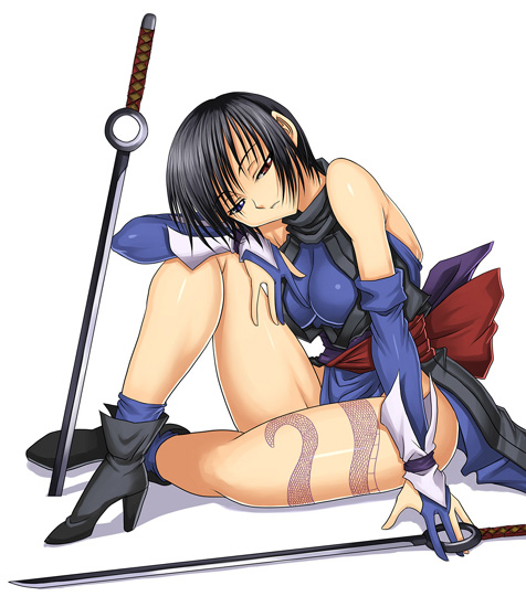 syunzou, shiki (samurai spirits), samurai spirits, snk, black hair, heterochromia, ninja, short hair, solo, sword, tattoo, very short hair, weapon