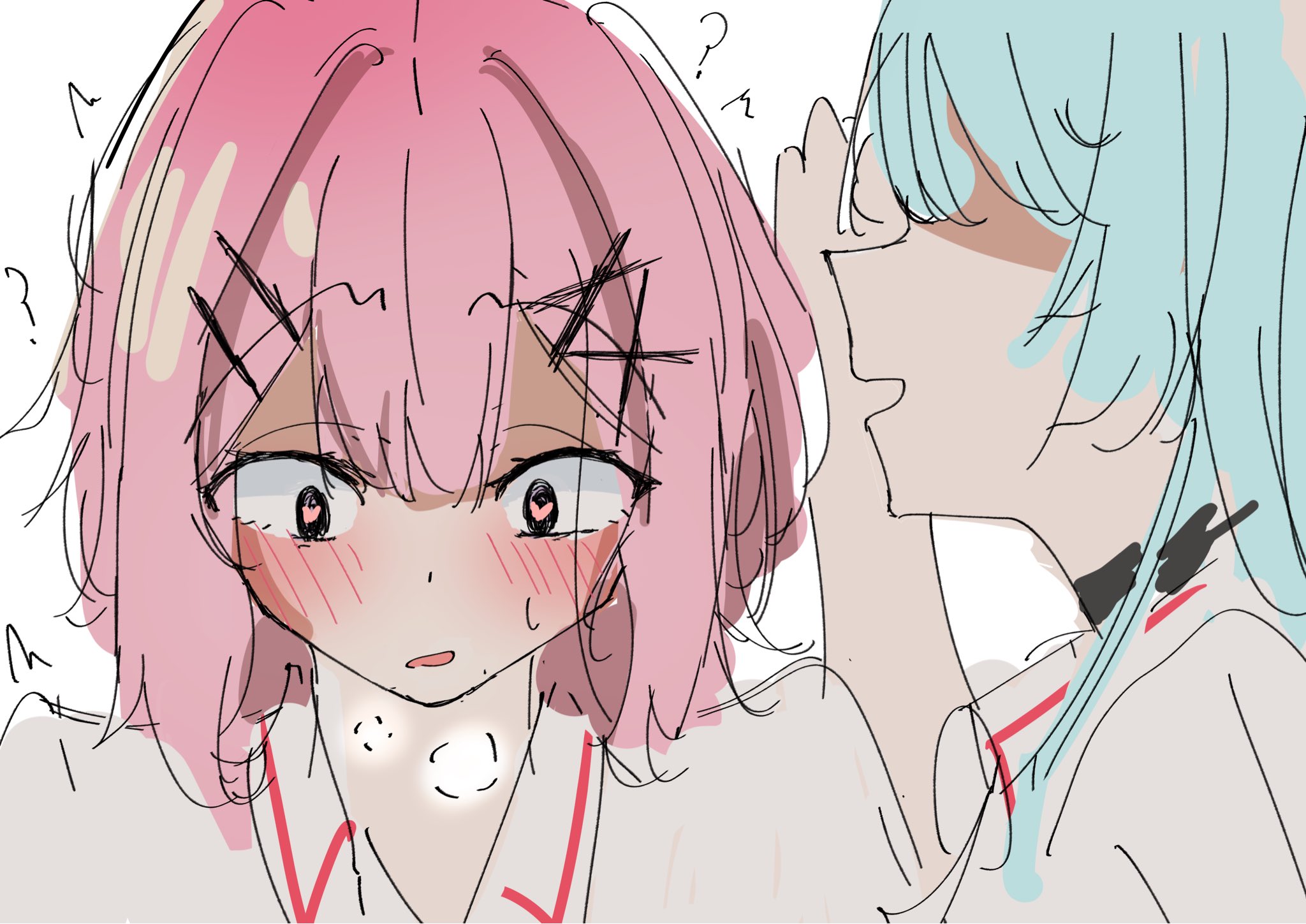 amaori renako, watashi ga koibito ni nareru wake naijan murimuri!, highres, ?, ^^^, aqua hair, blush, breathing, hair ornament, heart, heart-shaped pupils, nobunaga (nbng g), pink hair, symbol-shaped pupils, whispering in ear, x hair ornament