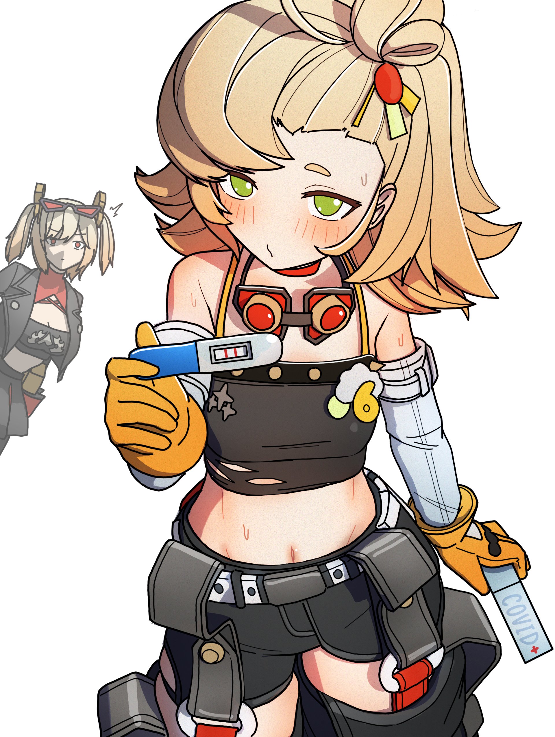 dorahdew, burnice white, piper wheel, zenless zone zero, absurdres, highres, 2girls, blonde hair, breasts, covid-19 test, eyewear on head, gloves, green eyes, jacket, large breasts, looking at viewer, multiple girls, navel, red eyes, short hair, skirt, small breasts, sunglasses, torn clothes, twintails, yellow gloves
