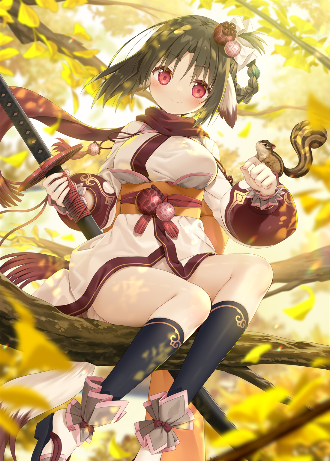yano mitsuki (nanairo), inui (utawarerumono), utawarerumono, utawarerumono: lost flag, commentary request, highres, 1girl, animal ears, braid, braided hair rings, breasts, brown hair, dappled sunlight, day, fingernails, foot out of frame, hair rings, holding, holding sword, holding weapon, katana, long sleeves, looking at viewer, obi, red eyes, sandals, sash, sheath, sheathed, sitting on branch, smile, solo, squirrel, sunlight, sword, weapon, yellow sash