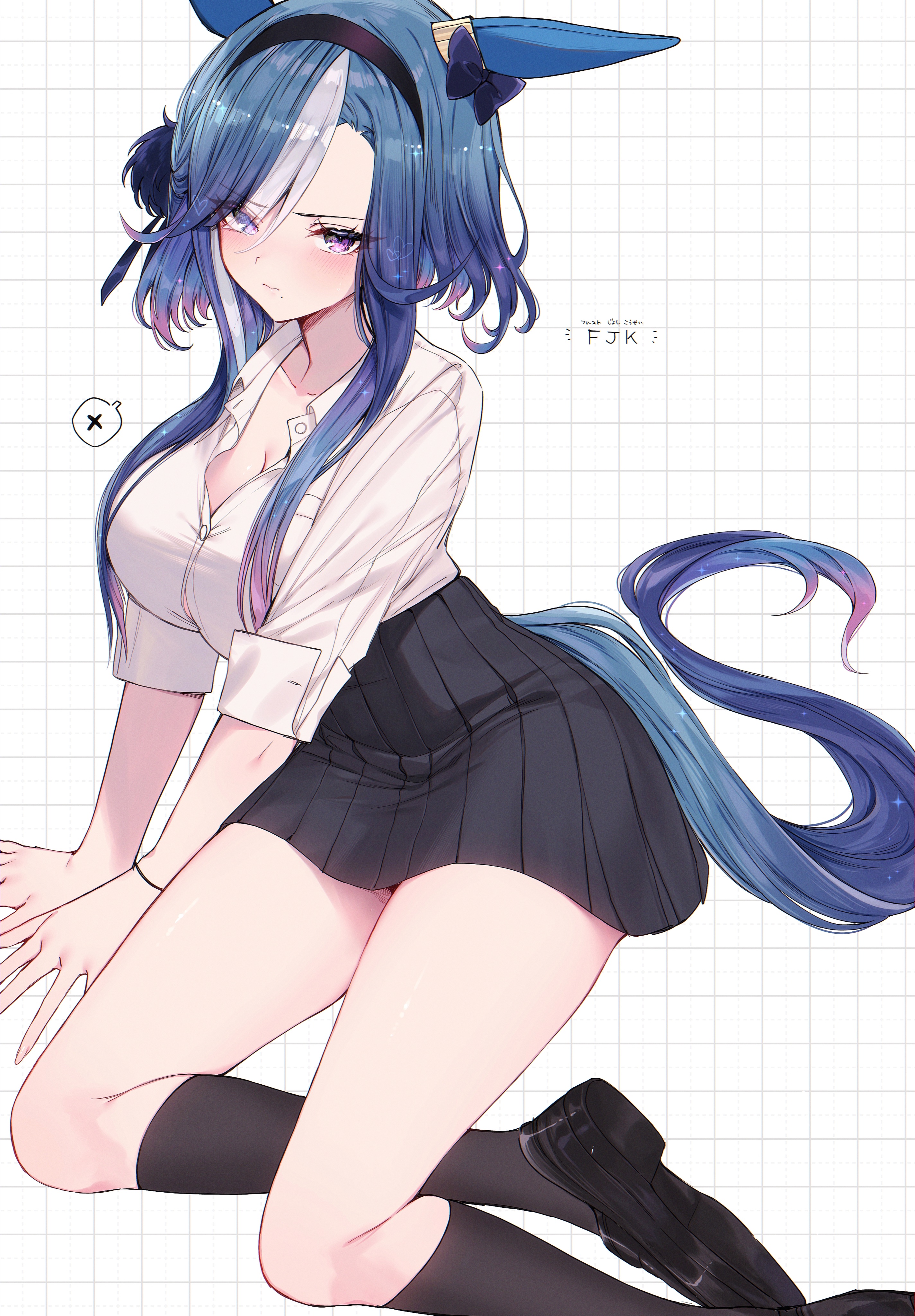 tetora (oudonoishiize), admire groove (umamusume), umamusume, absurdres, commentary request, highres, 1girl, alternate costume, black hairband, black shoes, black skirt, black socks, blue hair, blue tail, breasts, cleavage, closed mouth, dress, ear covers, ear ornament, eyes visible through hair, hair over one eye, hairband, kneehighs, large breasts, loafers, looking at viewer, mole, mole under mouth, pleated dress, purple eyes, school uniform, shirt, shirt tucked in, shoes, short hair, short hair with long locks, simple background, sitting, skirt, socks, solo, thighs, three-quarter sleeves, white shirt, white streaks, yokozuwari