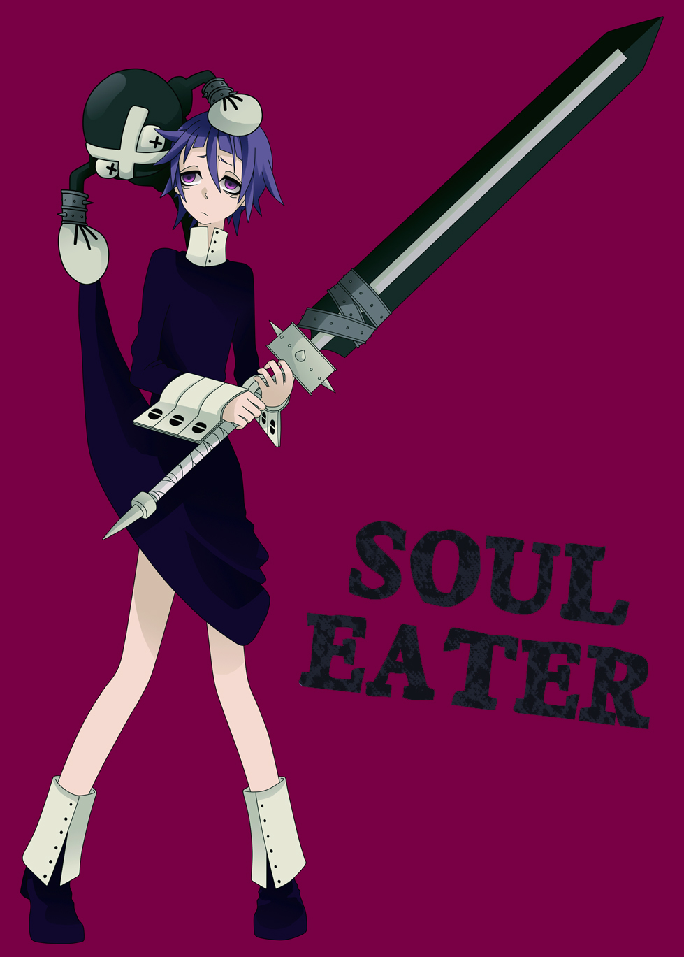 nyamomi, crona (soul eater), ragnarok (soul eater), soul eater, hand on head, gender request, highres, 00s, androgynous, black dress, black skin, clothes lift, colored skin, cuff links, dress, dress lift, frown, gauntlets, hair between eyes, high collar, purple eyes, purple hair, shoes, short hair, skinny, skirt, skirt lift, slender, solo, sword, weapon, x x