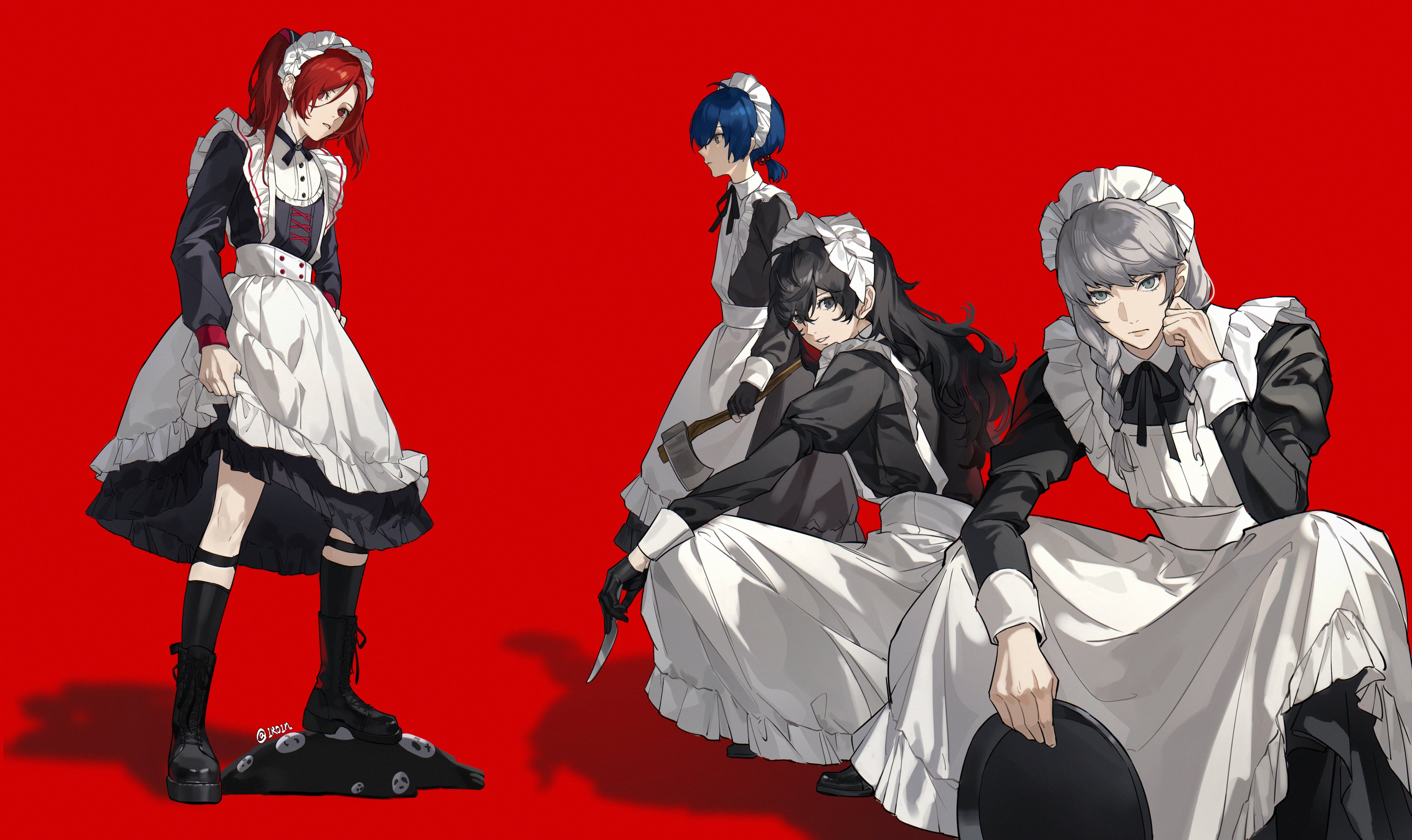 amamiya ren, narukami yu, yuuki makoto (persona 3), persona, persona 3, persona 3: dancing moon night, persona 4, persona 5, persona 5: the phantom x, persona dancing, absurdres, commentary request, highres, 4boys, alternate costume, apron, artist name, axe, black boots, black dress, black gloves, black hair, black socks, blue hair, boots, braid, crossdressing, crossdressing (mtf), dress, enmaided, from side, gloves, grey hair, hairband, holding, holding axe, holding knife, holding tray, iroin11, kamishiro nagisa, knife, long hair, long sleeves, looking at viewer, maid, maid apron, maid headdress, male focus, multiple boys, parted lips, red background, red eyes, red hair, shadow, short twintails, simple background, socks, squatting, stepping, tray, twin braids, twintails, white apron, white hairband