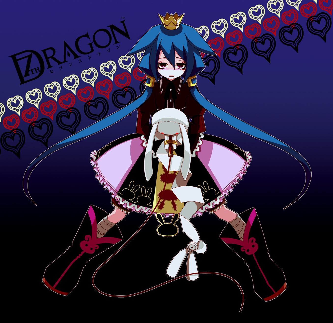 nyamomi, momomeno (7th dragon), princess (7th dragon), 7th dragon, 7th dragon (series), highres, 1girl, bandages, blue hair, boots, crown, female focus, gothic lolita, heart, lolita fashion, rabbit, red eyes, rope, solo, twintails