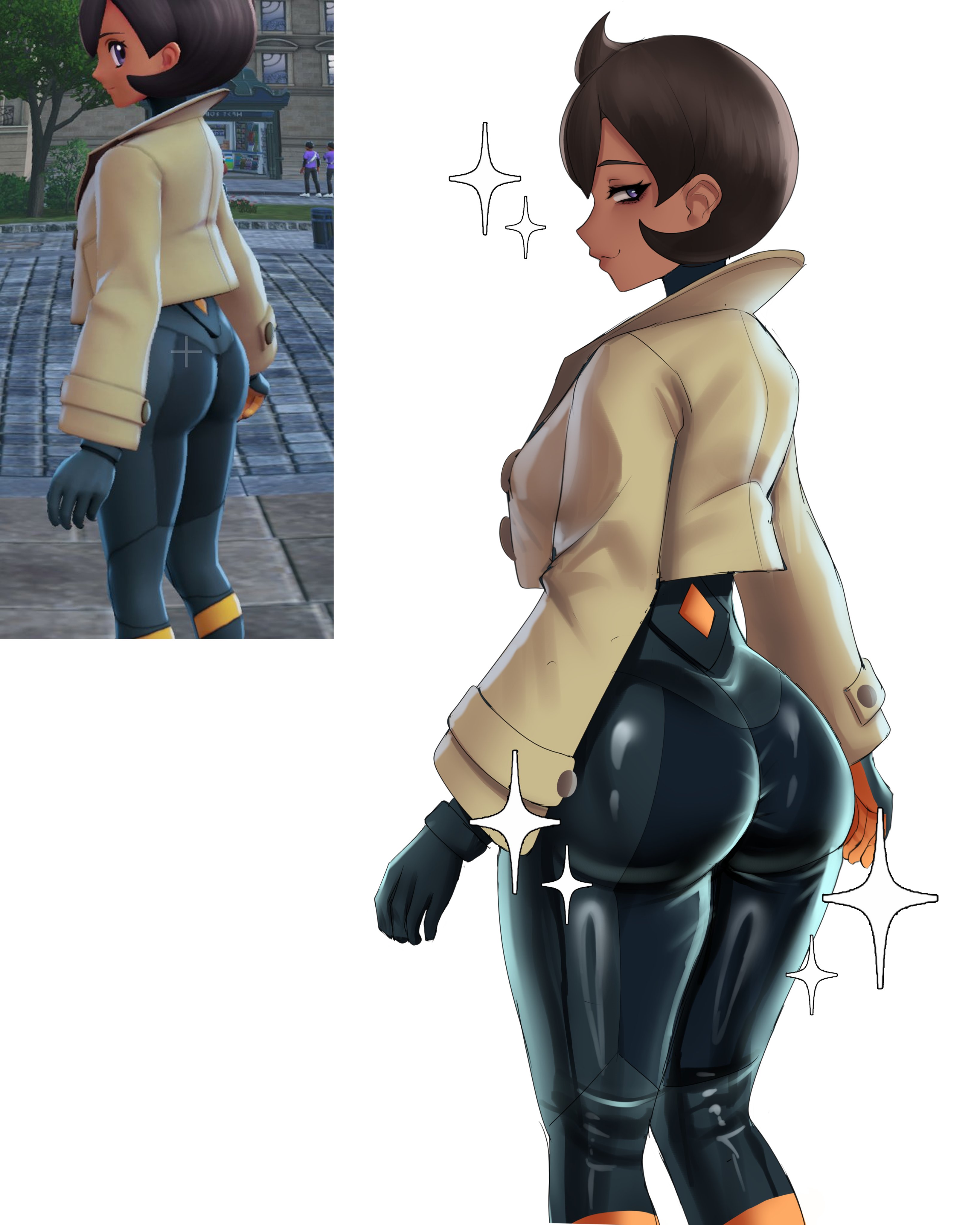 cooterzi, emma (pokemon), nintendo, pokemon, pokemon legends: z-a, absurdres, highres, 1girl, ass, ass focus, black bodysuit, black gloves, black hair, bodysuit, brown hair, closed mouth, from behind, game screenshot inset, gloves, grey eyes, jacket, looking back, multiple views, short hair, simple background, skin tight, smile, sparkle, white background, yellow jacket