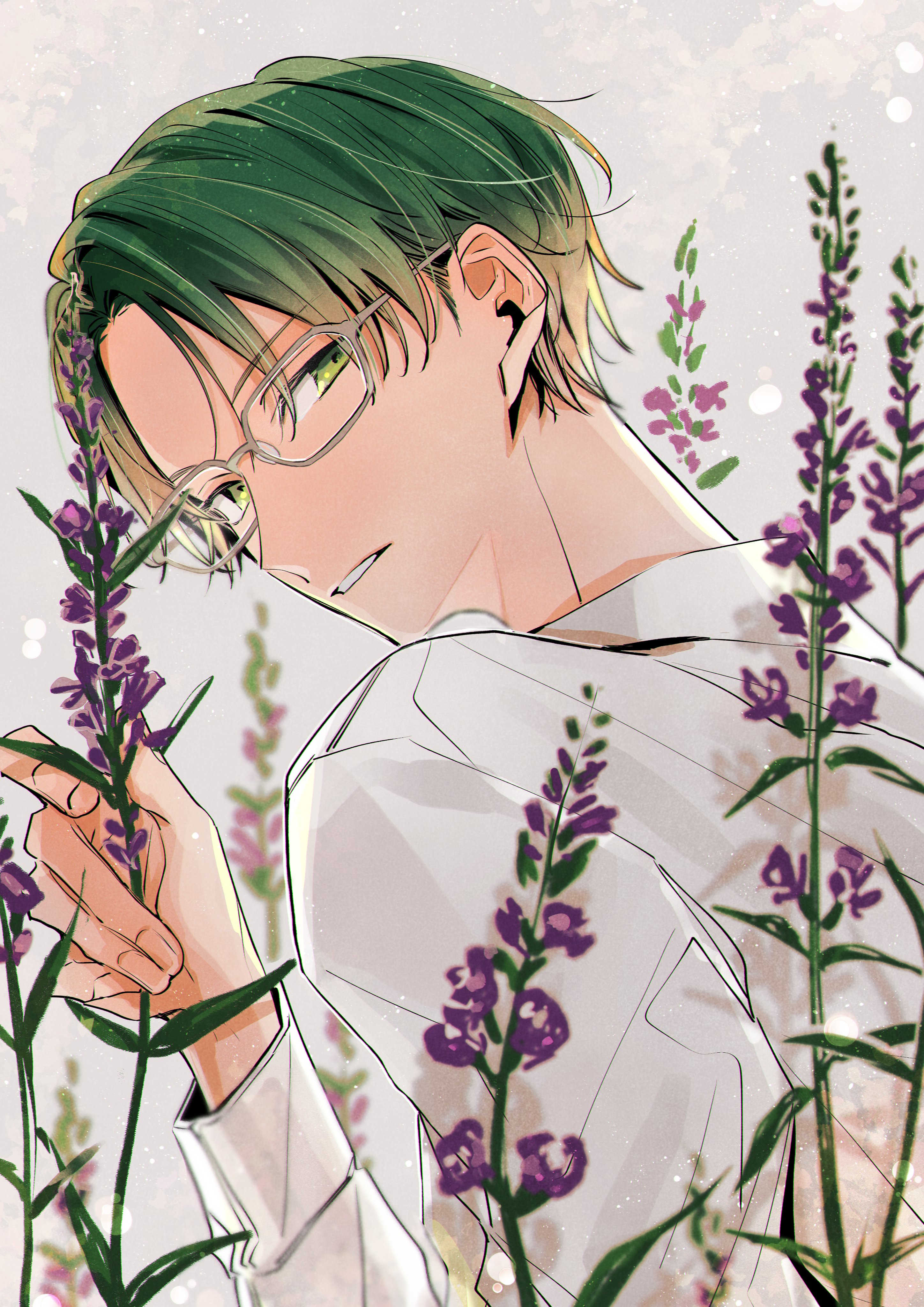 ninomiya (t 238 t), hasumi keito, ensemble stars!, absurdres, flower request, highres, protected link, 1boy, fingernails, flower, glasses, green eyes, green hair, hand up, holding, holding flower, long sleeves, male focus, parted lips, purple flower, shirt, short hair, sideways glance, solo, upper body, white shirt