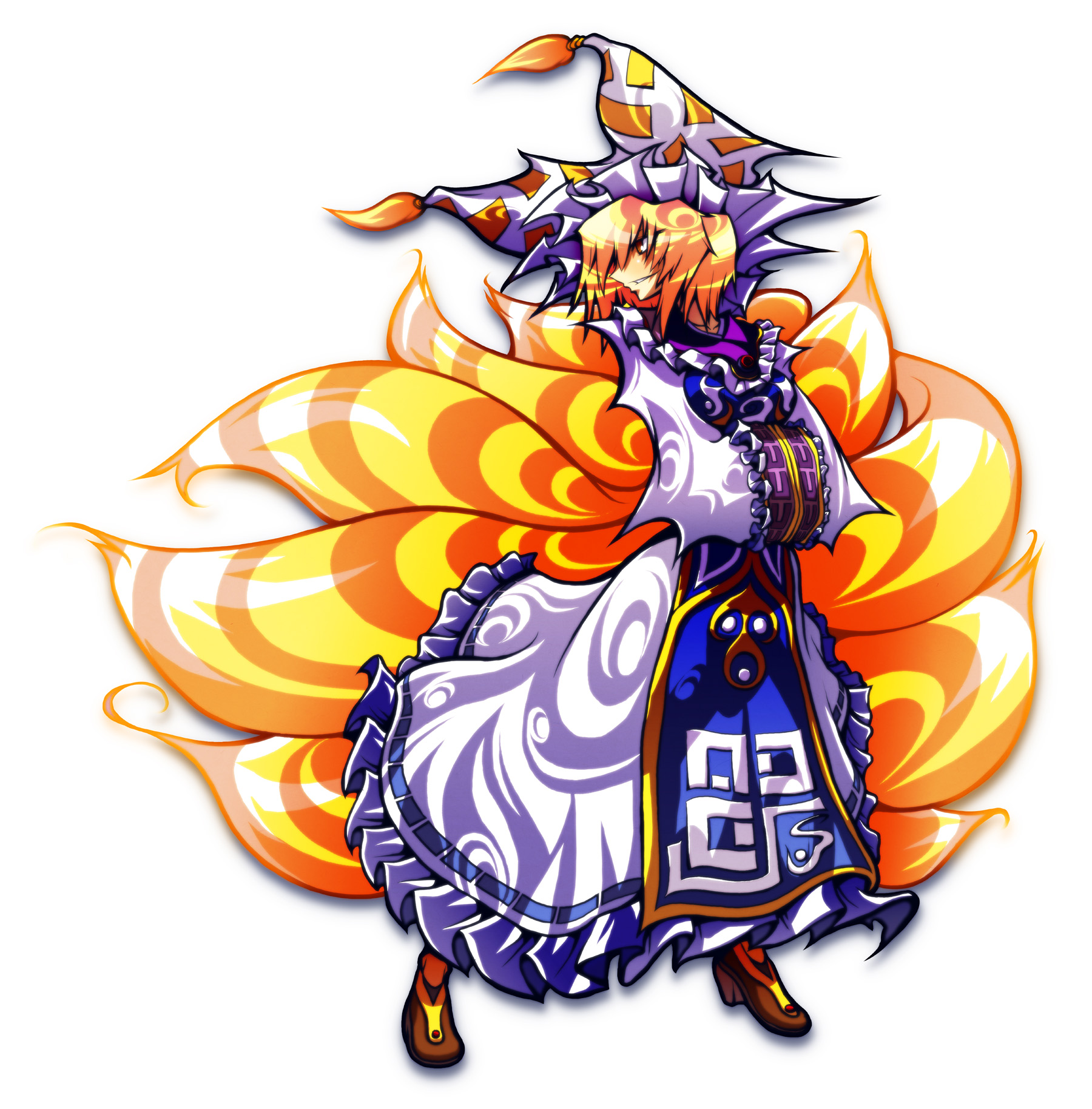 ichi (ichikai), yakumo ran, touhou, highres, 1girl, blonde hair, female focus, fox tail, full body, hat, solo, standing, tail, white background