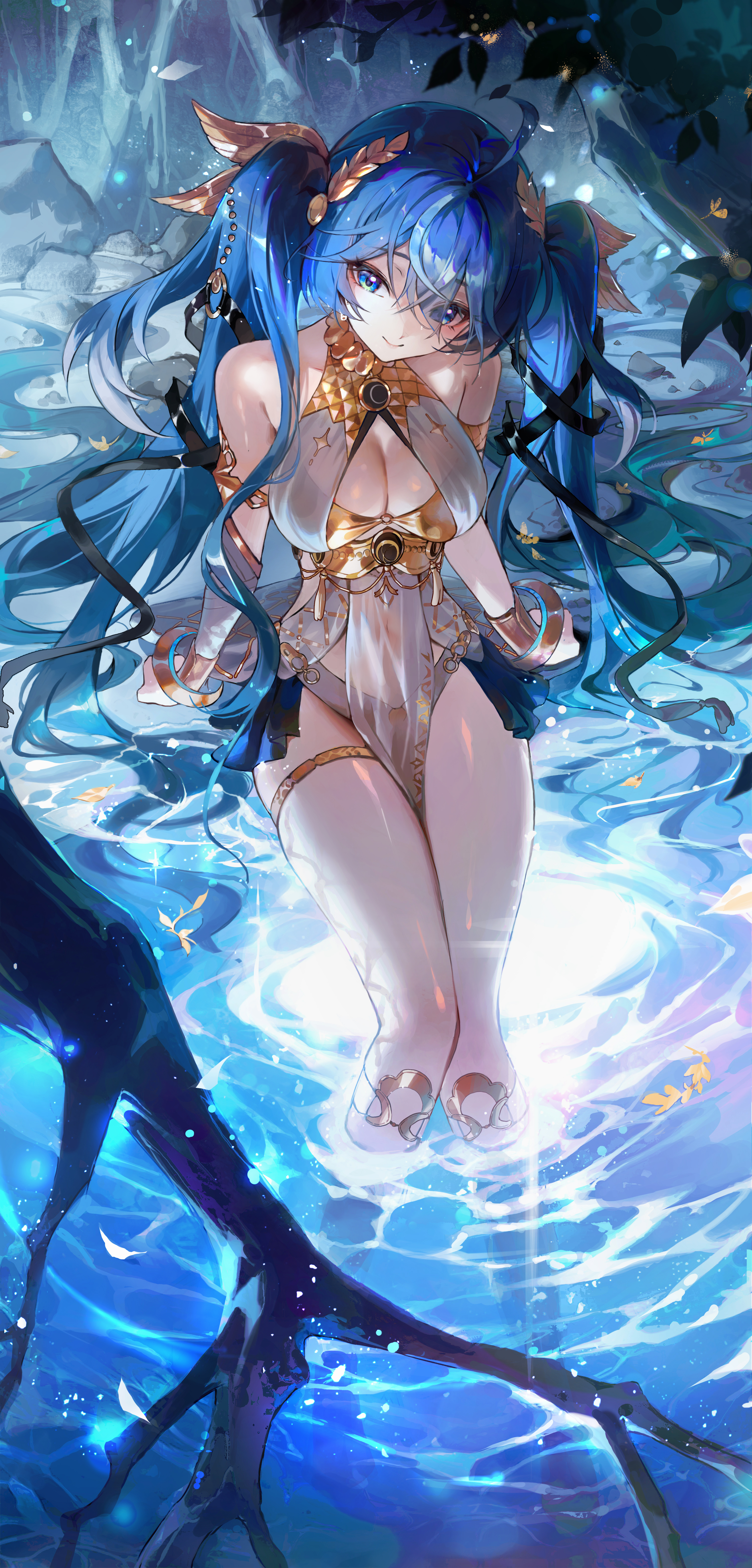 jinbin825, iuno (wuthering waves), wuthering waves, gold armlet, absurdres, commentary, highres, 1girl, ahoge, ancient greek clothes, armlet, bare shoulders, blue eyes, blue hair, bracelet, breasts, cleavage, closed mouth, gold bra, greco-roman clothes, hair ornament, jewelry, laurel crown, leaf, long hair, looking at viewer, medium breasts, rock, showgirl skirt, smile, soaking feet, solo, thighlet, thighs, twintails, vambraces, very long hair, water