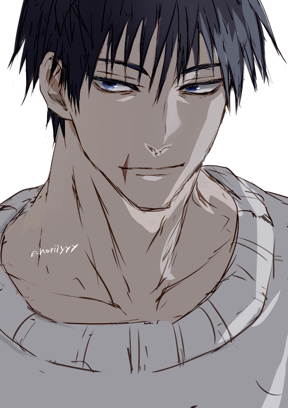 nori20170709, fushiguro touji, jujutsu kaisen, commentary, 1boy, artist name, black hair, blue eyes, closed mouth, facing viewer, male focus, scar, scar on face, scar on mouth, shirt, short hair, sideways glance, solo, white background, white shirt