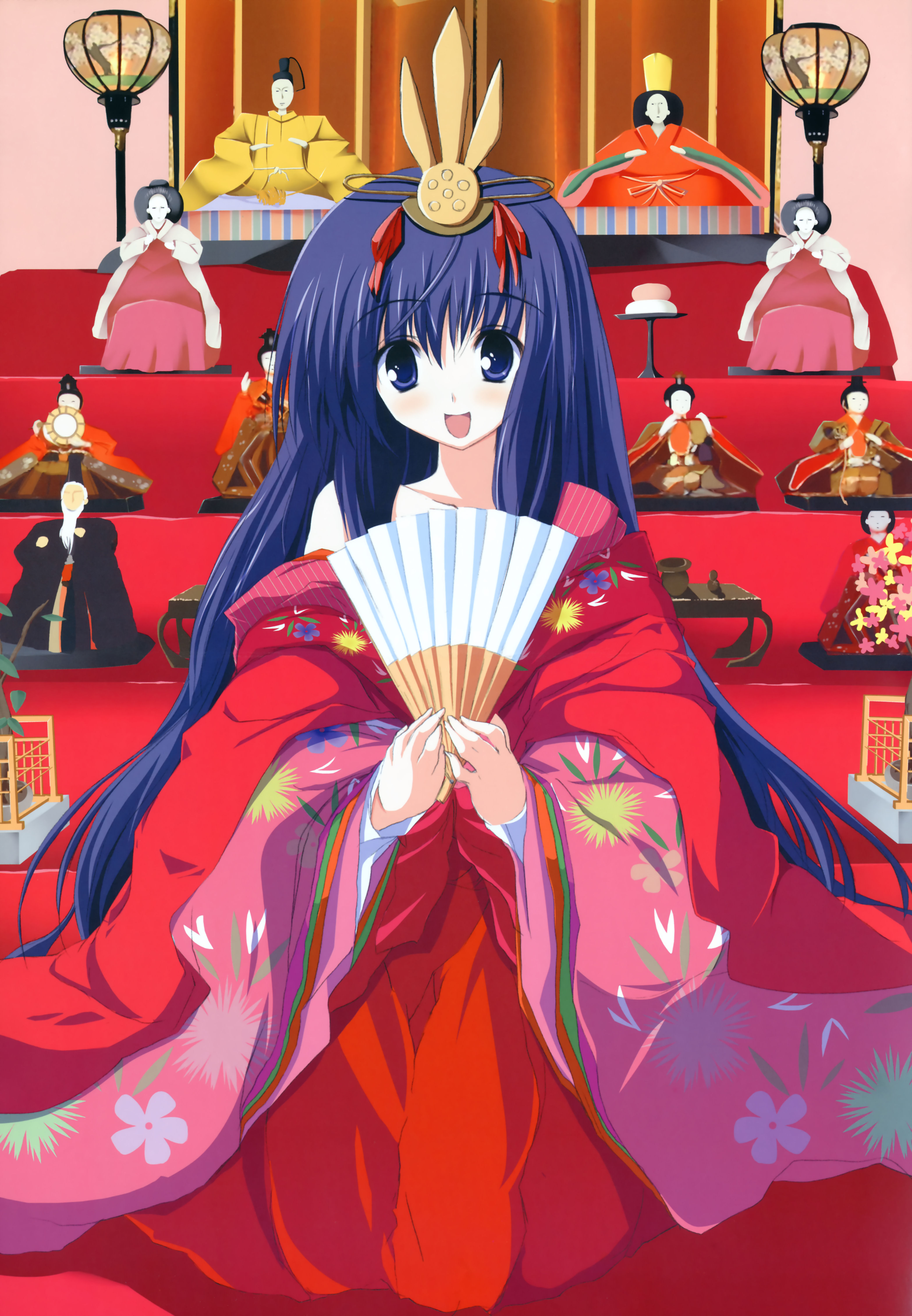 tsukinon, nazo no shoujo (tsukisome), tsukisome no kasa, absurdres, highres, 1girl, blue eyes, blue hair, female focus, folding fan, hand fan, japanese clothes, kimono, long hair, matching hair/eyes, solo