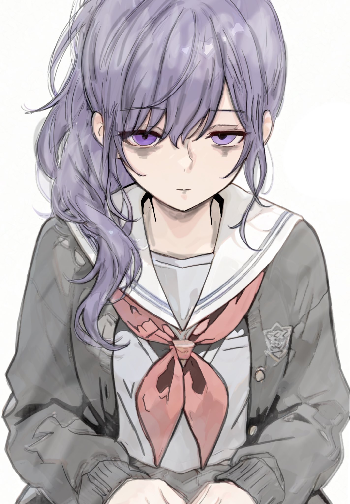wtsino, asahina mafuyu, project sekai, commentary request, highres, 1girl, bags under eyes, black cardigan, cardigan, closed mouth, expressionless, grey shirt, hair between eyes, hair over shoulder, half-closed eyes, hands on lap, high ponytail, long hair, long sleeves, looking at viewer, miyamasuzaka girls' academy school uniform, neckerchief, open cardigan, open clothes, ponytail, purple eyes, purple hair, red neckerchief, sailor collar, school uniform, serafuku, shirt, sidelocks, simple background, solo, upper body, white background, white sailor collar