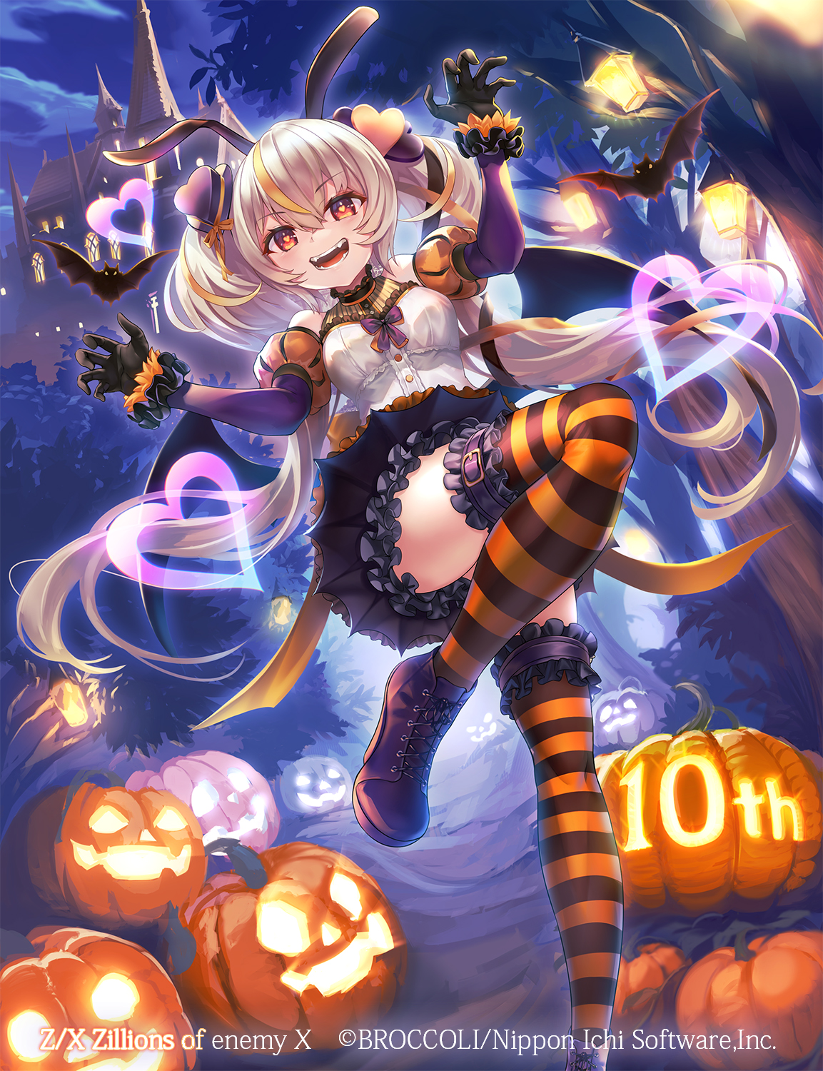 pondel, z/x, highres, official art, 1girl, animal ears, bat (animal), bat wings, black gloves, blonde hair, building, castle, claw pose, copyright notice, detached sleeves, dress, fang, gloves, grey hair, hair ornament, halloween, halloween costume, hastur (z/x), hat, heart, heart-shaped pupils, heart hair ornament, jack-o'-lantern, long hair, mini hat, multicolored hair, night, night sky, open mouth, orange eyes, outdoors, purple shoes, rabbit ears, shoes, sky, standing, standing on one leg, striped clothes, striped thighhighs, symbol-shaped pupils, teeth, thighhighs, tree, twintails, wings