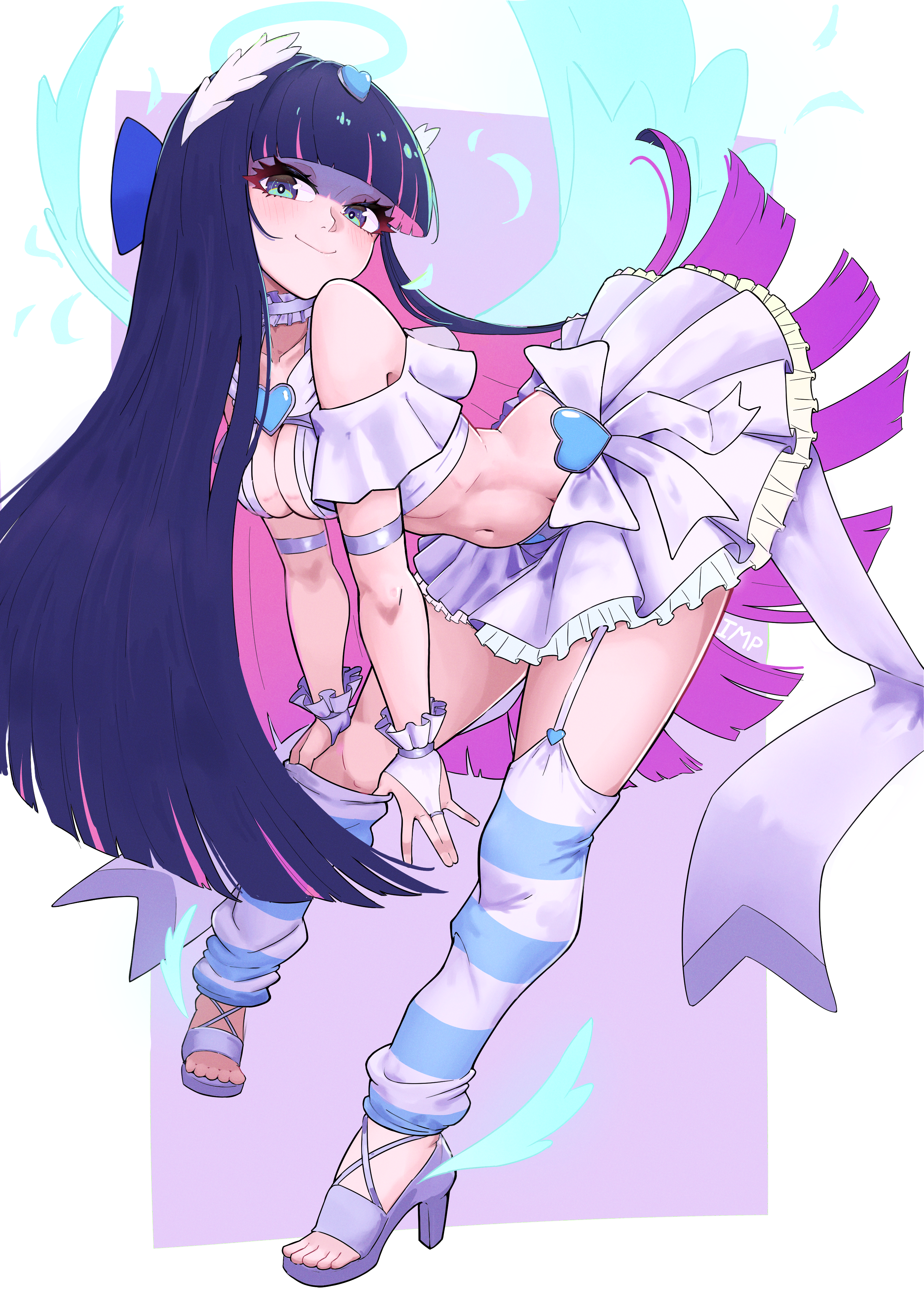 camcamcelus, stocking (psg), panty & stocking with garterbelt, absurdres, highres, 1girl, blue hair, blunt bangs, green eyes, looking at viewer, miniskirt, purple skirt, skirt, smile, solo, striped clothes, striped hair, striped thighhighs, thighhighs