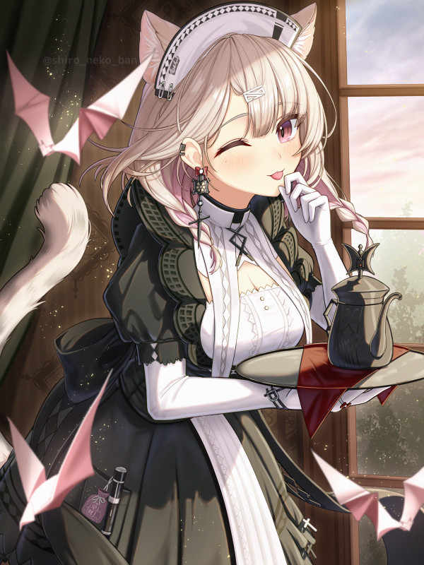 shironekoban, kazemaru (arknights), kazemaru (like illusion) (arknights), arknights, commentary request, paid reward available, 1girl, ;p, animal ears, black dress, blonde hair, breasts, cat ears, cat girl, cat tail, cleavage, dress, earrings, elbow gloves, gloves, holding, holding tray, indoors, jewelry, long hair, looking at viewer, maid headdress, official alternate costume, omamori, one eye closed, origami, pink eyes, pink hair, sky, smile, solo, tail, teapot, tongue, tongue out, tray, white gloves, window