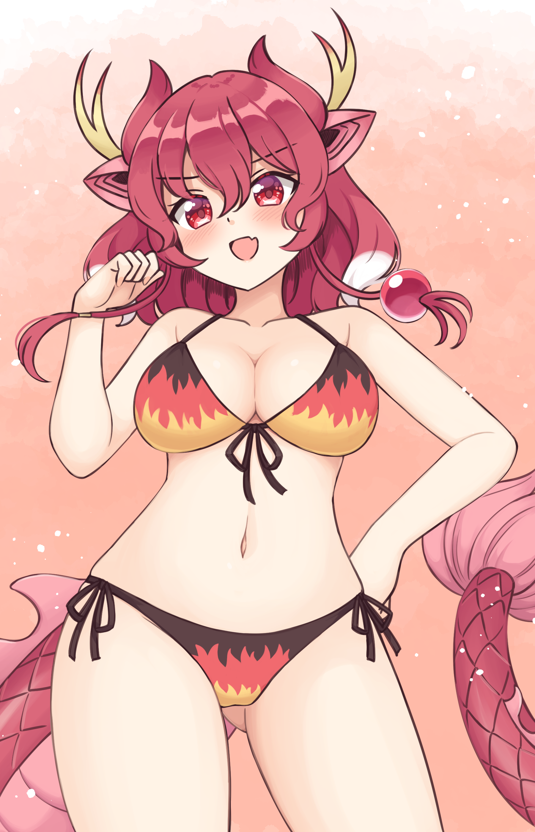 shiraha maru, red dragon (kemono friends), kemono friends, absurdres, highres, 1girl, :d, animal ears, bare arms, bare shoulders, bikini, blush, breasts, cleavage, colored tips, contrapposto, cowboy shot, dragon girl, dragon horns, dragon tail, fang, front-tie bikini top, front-tie top, gluteal fold, hair between eyes, hair bobbles, hair ornament, hand on own hip, hand up, horns, large breasts, long hair, long tail, multicolored bikini, multicolored hair, navel, open mouth, orange background, red eyes, red hair, red horns, red tail, side-tie bikini bottom, skin fang, smile, solo, standing, swimsuit, tail, v-shaped eyebrows, wavy hair