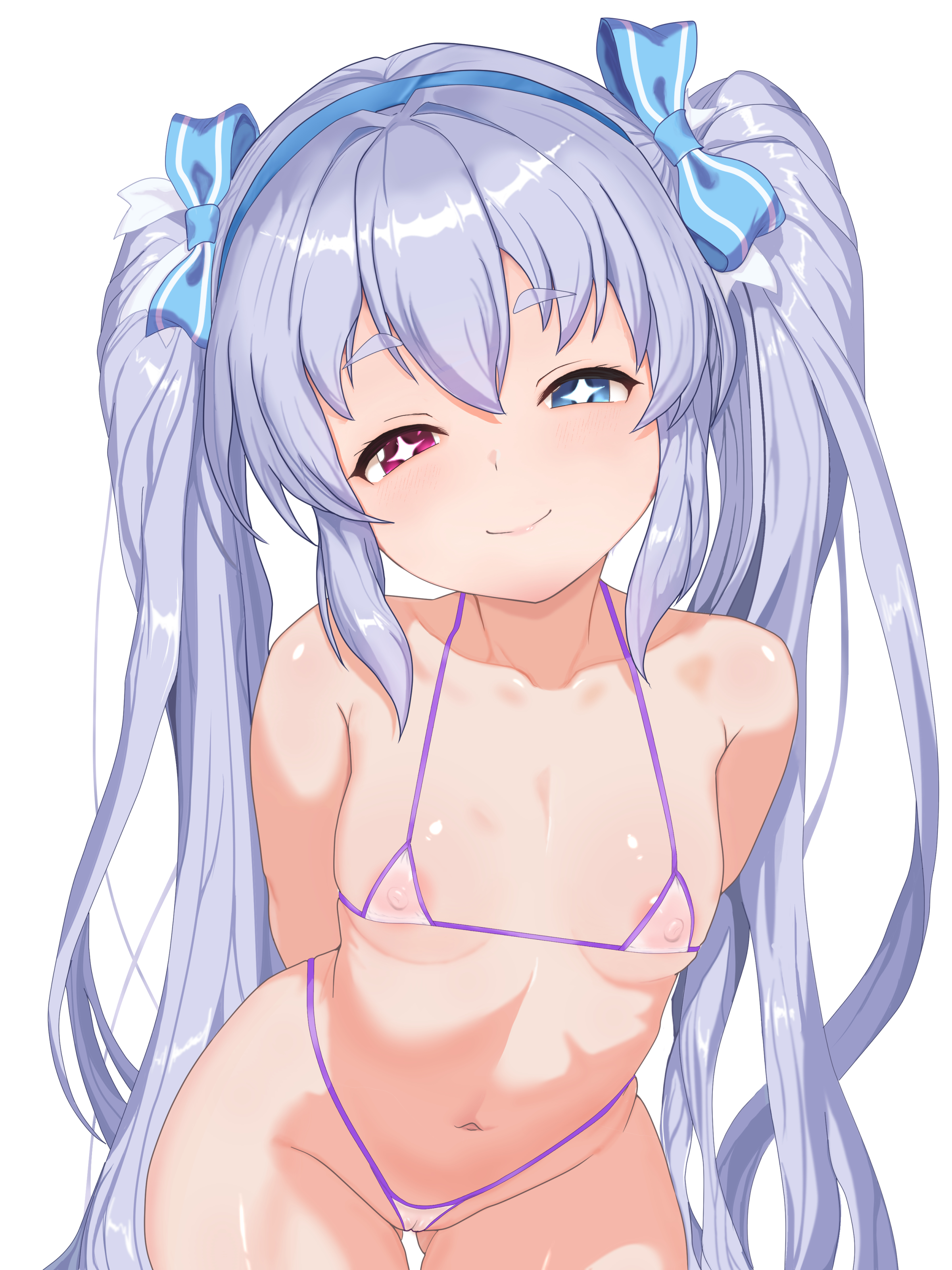 yok265, refithea (brown dust), brown dust (series), brown dust 2, absurdres, highres, 1girl, arms behind back, bikini, blue eyes, bow, breasts, elf, gluteal fold, grey hair, hair between eyes, hair bow, hairband, heterochromia, long hair, looking at viewer, micro bikini, navel, nipples, pointy ears, purple bikini, red eyes, see-through bikini, see-through clothes, small breasts, smile, solo, star-shaped pupils, star (symbol), stomach, swimsuit, symbol-shaped pupils, twintails, very long hair