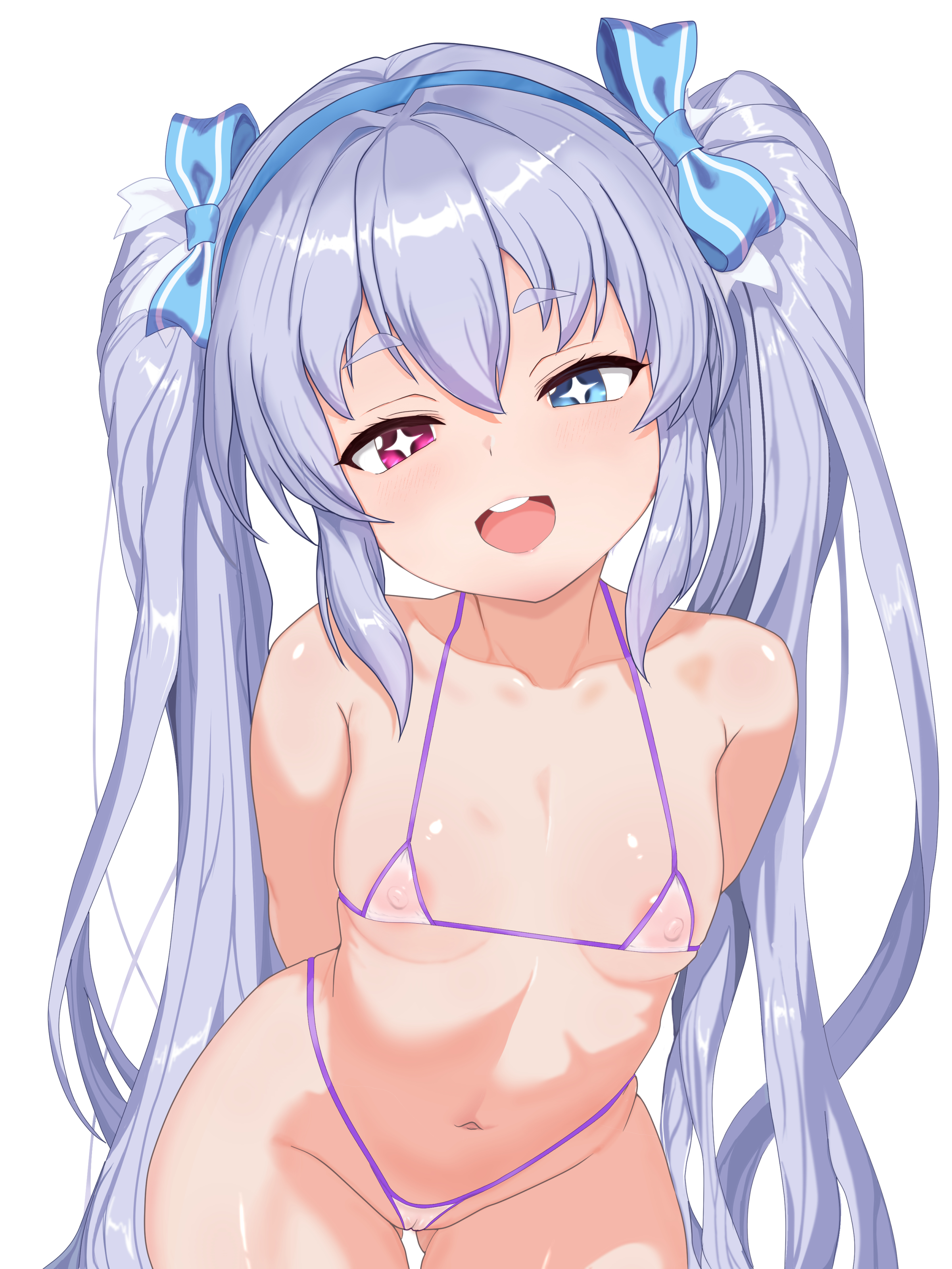 yok265, refithea (brown dust), brown dust (series), brown dust 2, absurdres, highres, 1girl, arms behind back, bikini, blue eyes, blush, bow, breasts, elf, gluteal fold, grey hair, hair between eyes, hair bow, hairband, heterochromia, long hair, looking at viewer, micro bikini, navel, nipples, open mouth, pointy ears, purple bikini, red eyes, see-through bikini, see-through clothes, small breasts, smile, solo, star-shaped pupils, star (symbol), stomach, swimsuit, symbol-shaped pupils, teeth, twintails, upper teeth only, very long hair