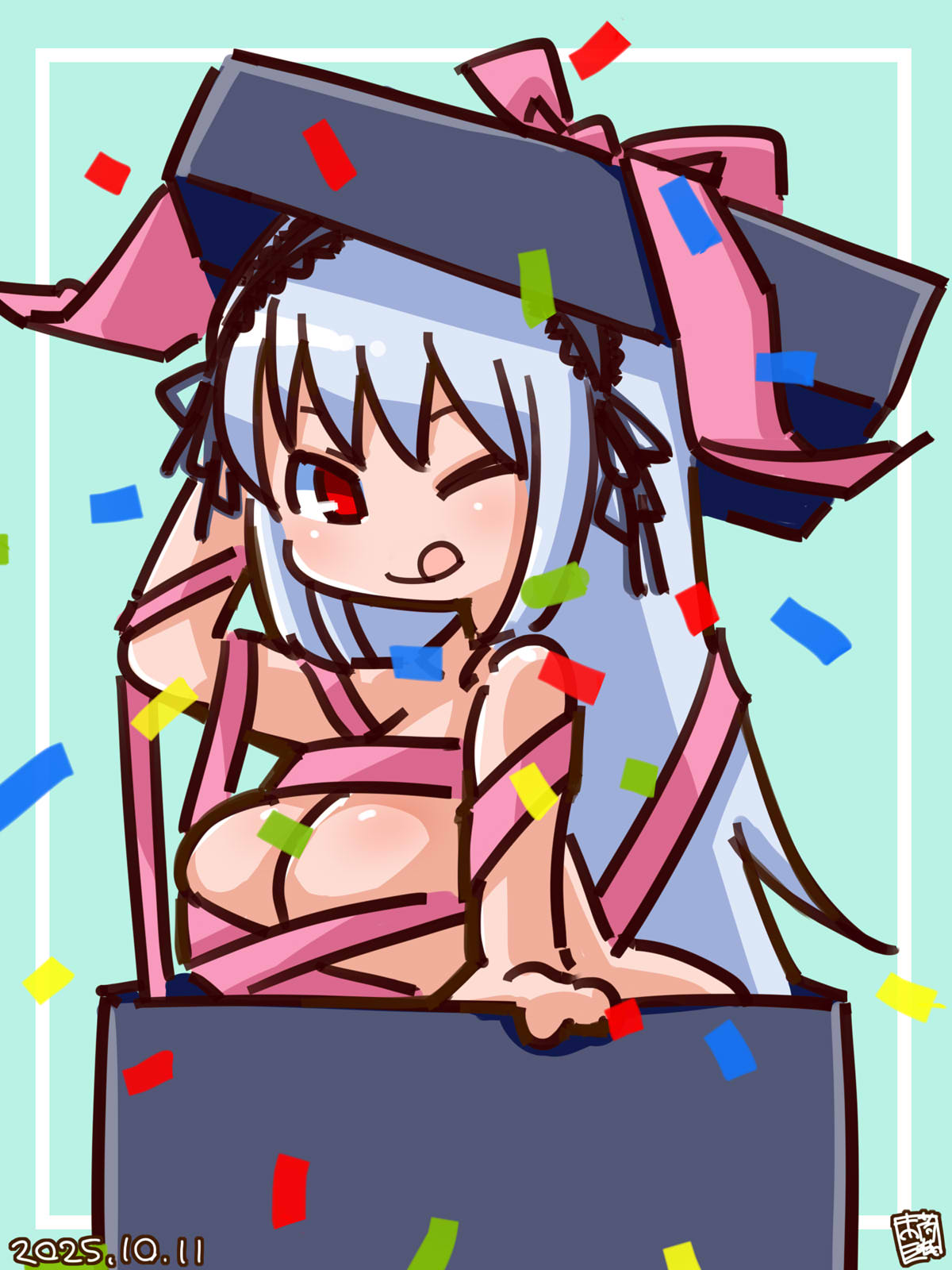 itini-sanshi, suigintou, rozen maiden, commentary request, highres, 1girl, :q, alternate breast size (larger), blue background, blush, box, breasts, closed mouth, confetti, dated, gift, gift box, grey hair, in box, in container, large breasts, long hair, looking at viewer, naked ribbon, one eye closed, pink ribbon, red eyes, ribbon, smile, solo, tongue, tongue out, upper body