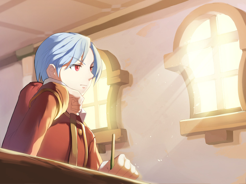 caesty, lanziee rozen kranz, nexon, tales weaver, commentary, english commentary, official art, armrest, black necktie, blue hair, buttons, classroom, collared shirt, dated commentary, from below, frown, gold buttons, hand on own head, head rest, holding, holding pencil, indoors, jacket, left-handed, long sleeves, necktie, nenyaffle, nenyaffle school uniform, pencil, red eyes, red jacket, red pupils, red sleeves, school uniform, shirt, short hair, sunlight, table, undershirt, white shirt, window, wing collar
