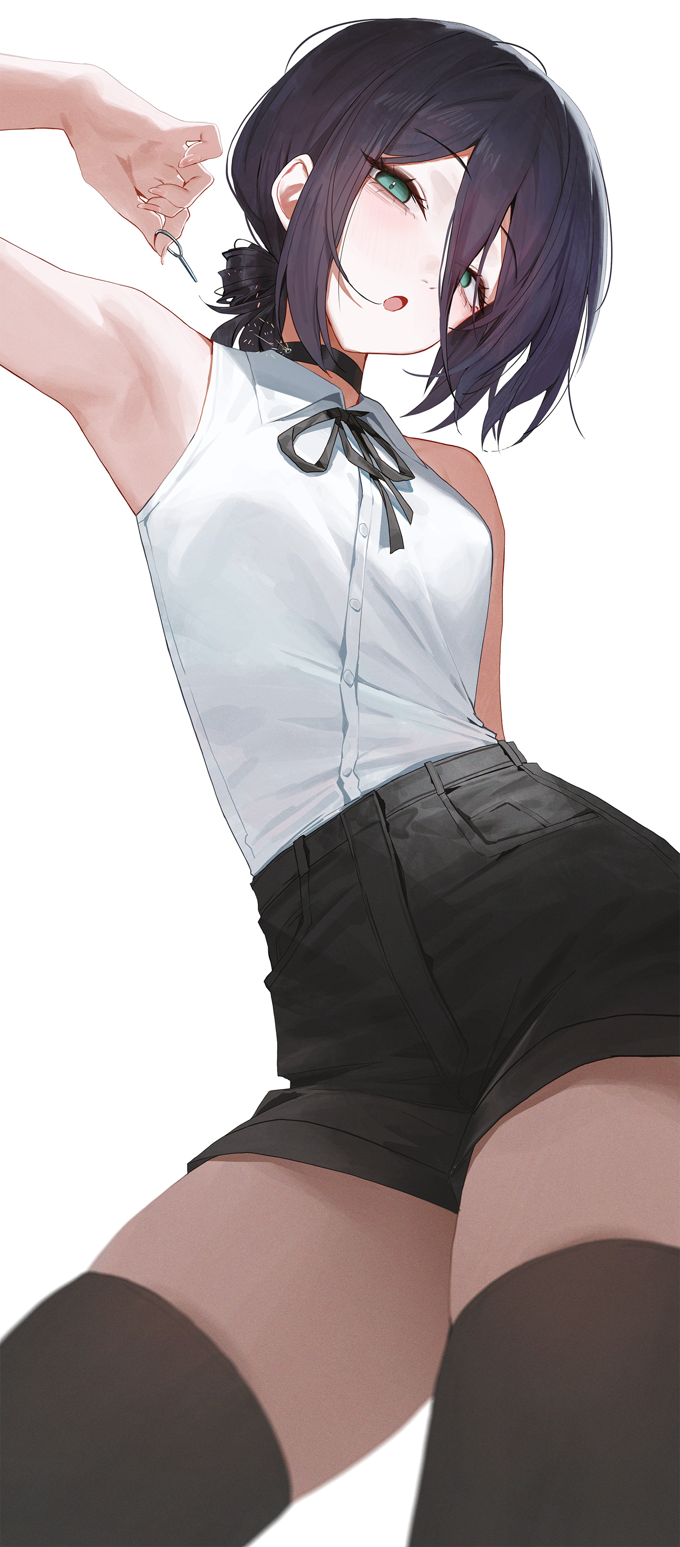 huhi (huhi 1211), reze (chainsaw man), chainsaw man, absurdres, highres, 1girl, arm behind back, armpits, black choker, black hair, black ribbon, black shorts, black thighhighs, choker, collared shirt, green eyes, hair between eyes, looking at viewer, neck ribbon, parted lips, ribbon, shirt, shirt tucked in, shorts, simple background, sleeveless, sleeveless shirt, solo, thighhighs, white background, white shirt