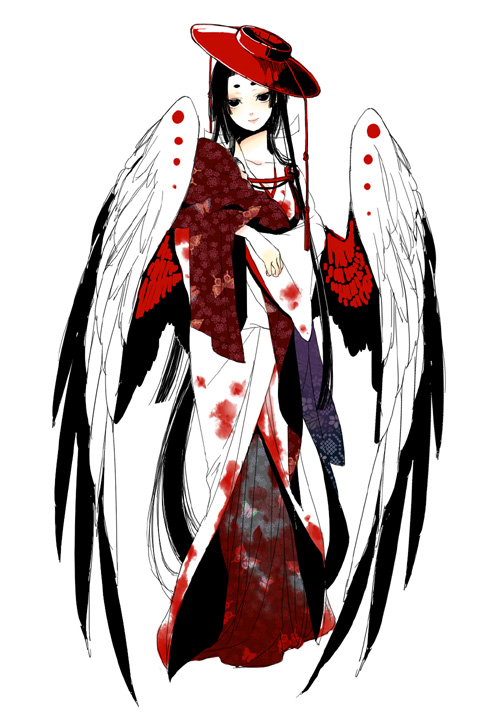 todoroki sora, original, bad id, bad pixiv id, 1girl, black eyes, black hair, blood, female focus, hat, japanese clothes, long hair, solo, traditional youkai, very long hair, wings