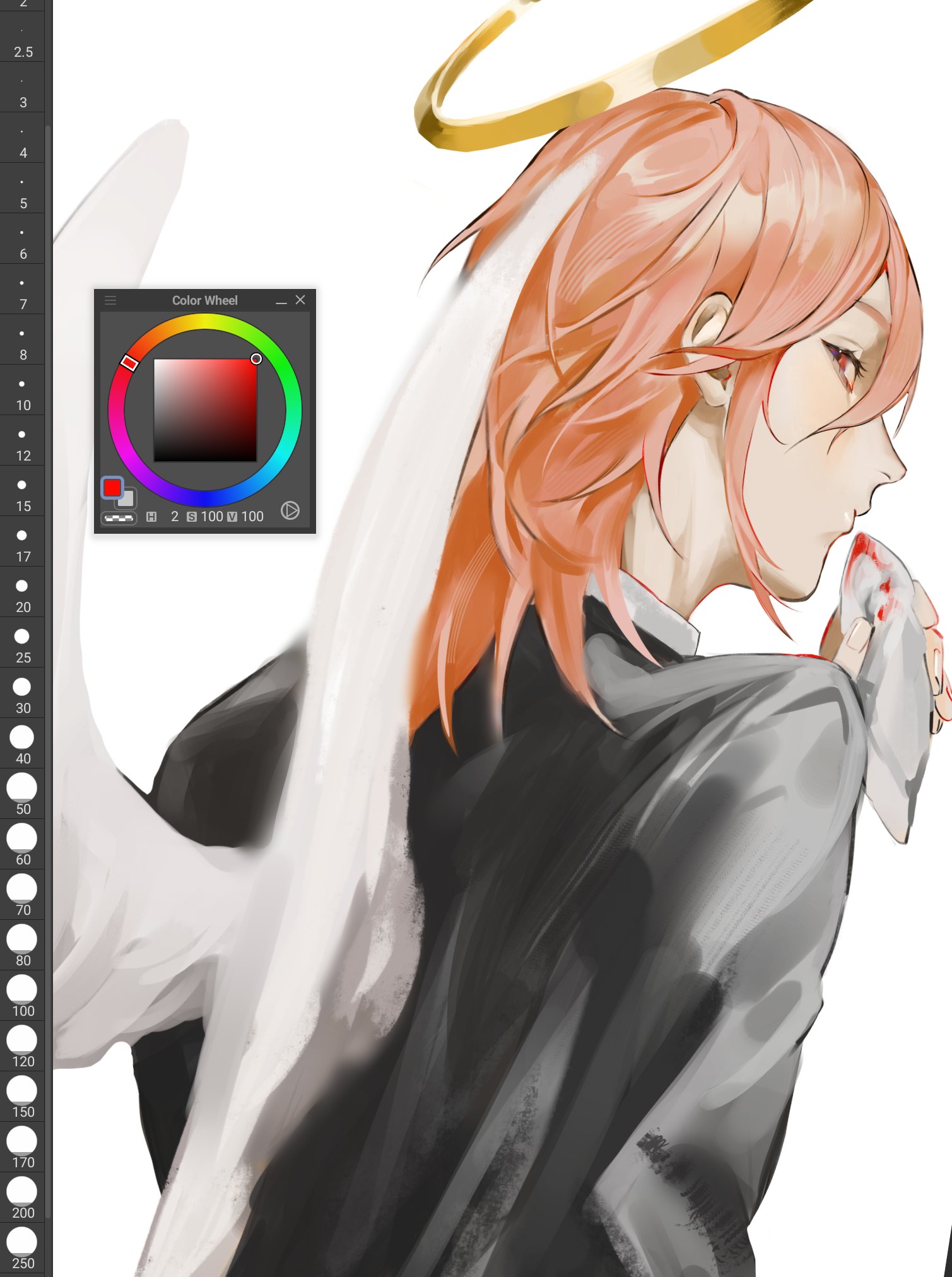 eohme, angel devil (chainsaw man), chainsaw man, hashtag-only commentary, highres, 1boy, angel wings, art program in frame, formal clothes, from behind, halo, jacket, long hair, looking at viewer, looking back, male focus, red eyes, simple background, solo, suit, suit jacket, traditional halo, upper body, white background, white wings, wings