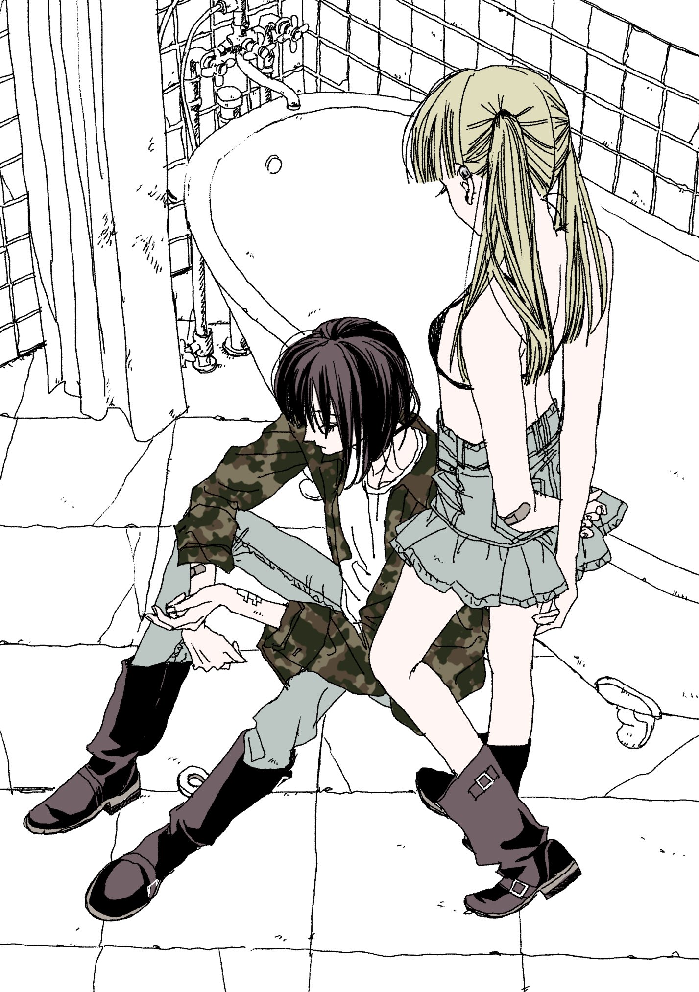 nui nakato, original, bad link, highres, 2girls, bathroom, bathtub, bdsm, black hair, blonde hair, bondage, boots, bound, bra, denim, jacket, jeans, medium hair, miniskirt, multiple girls, pants, short hair, sitting, skirt, twintails, underwear