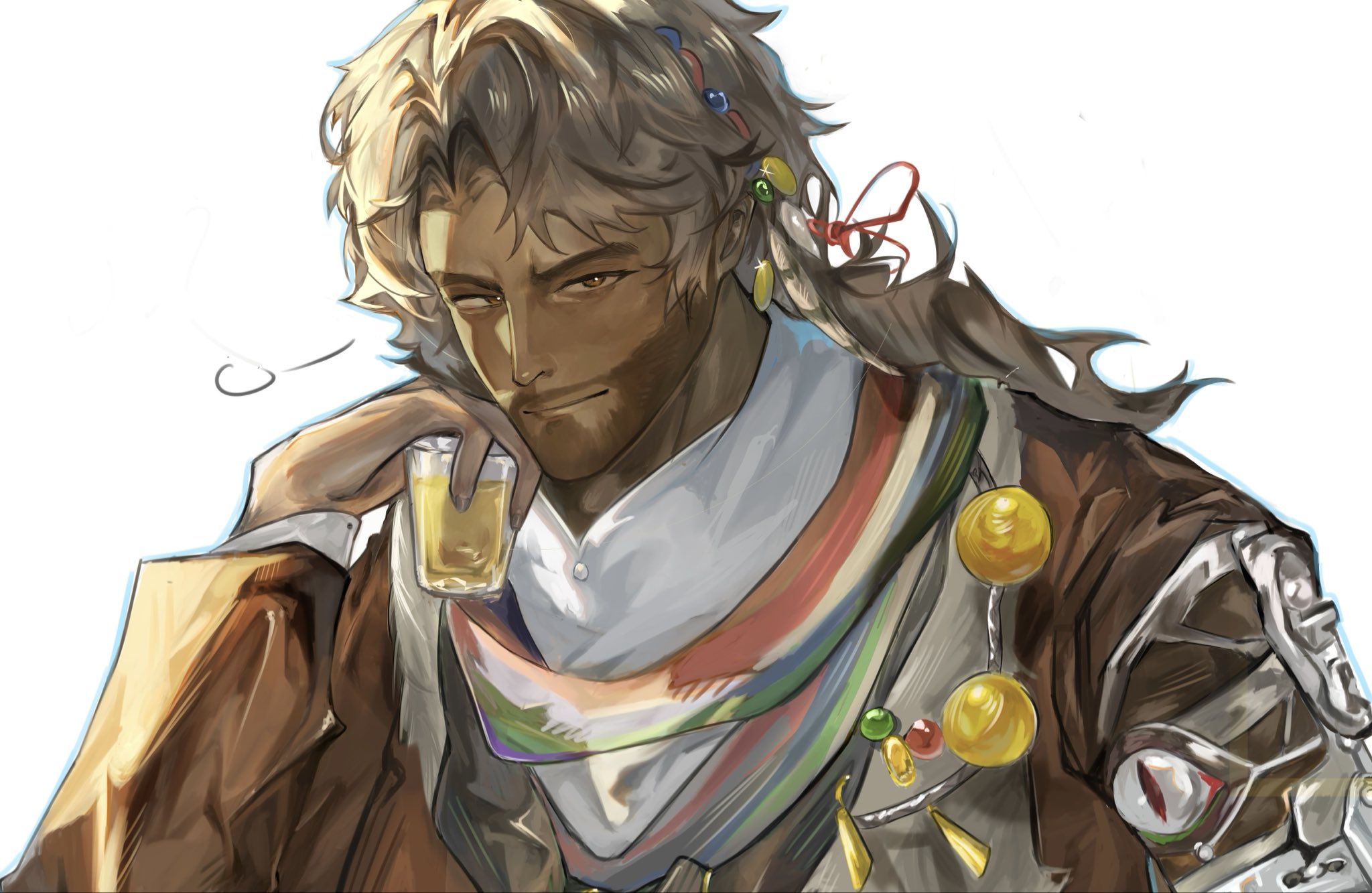 shamane, reverse:1999, highres, 1boy, beard, benzeny, brown coat, brown eyes, brown hair, coat, cup, dark-skinned male, dark skin, facial hair, hair ornament, hand on own cheek, hand on own face, hand up, holding, holding cup, long hair, looking at viewer, male focus, mature male, puff of air, smile, solo, upper body, white background